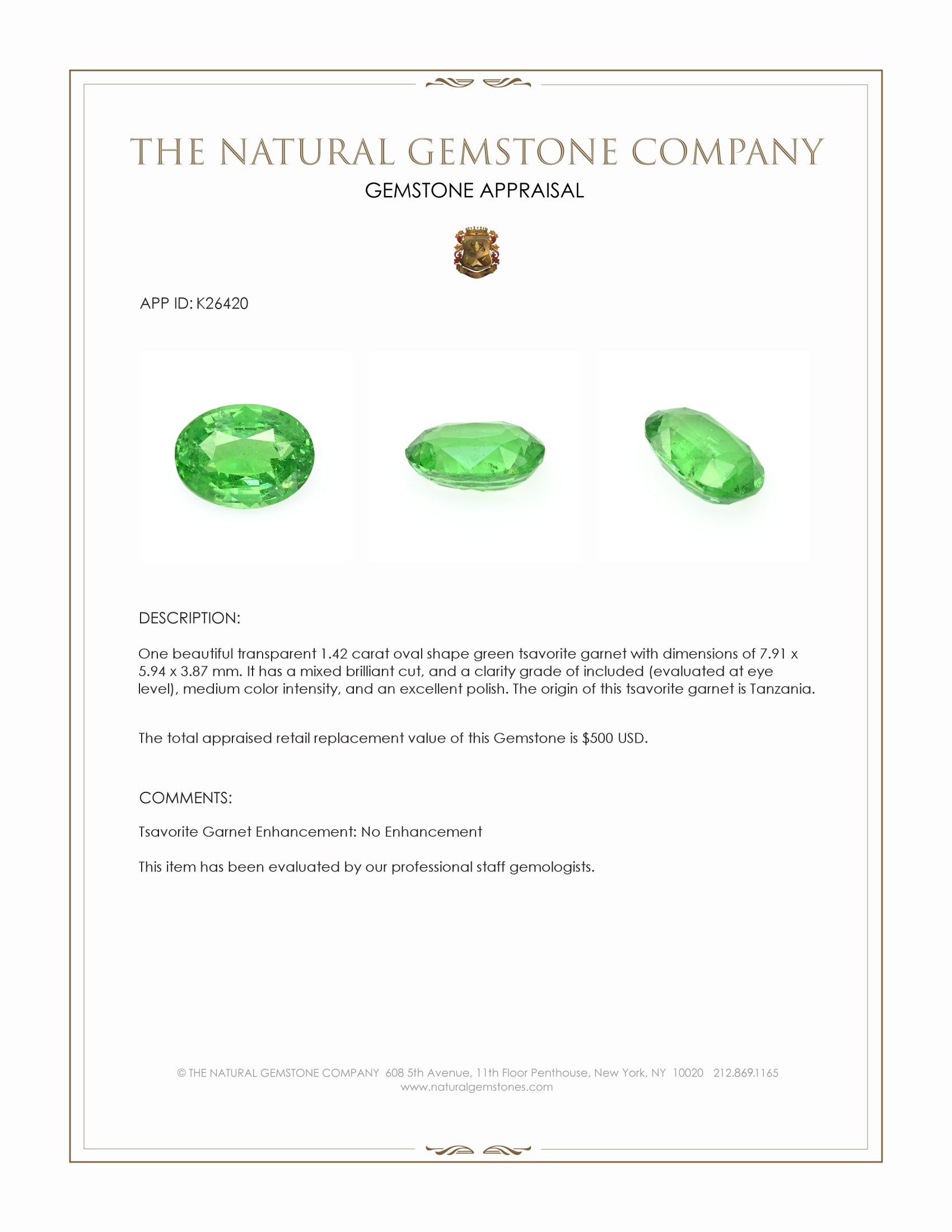 1.42 Ct. Tsavorite Garnet from Tanzania