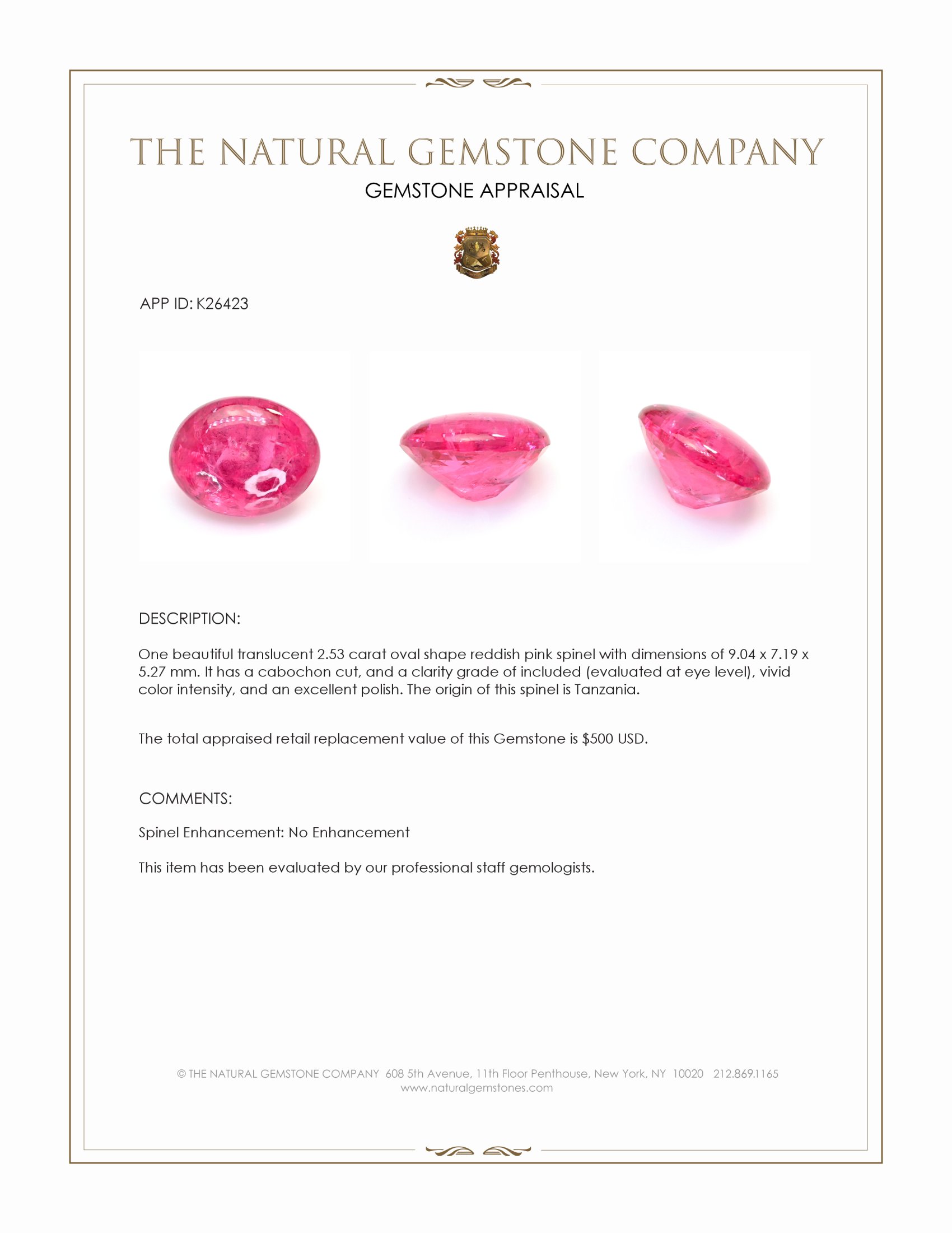 2.53 Ct. Reddish Pink Cabochon Spinel from Tanzania
