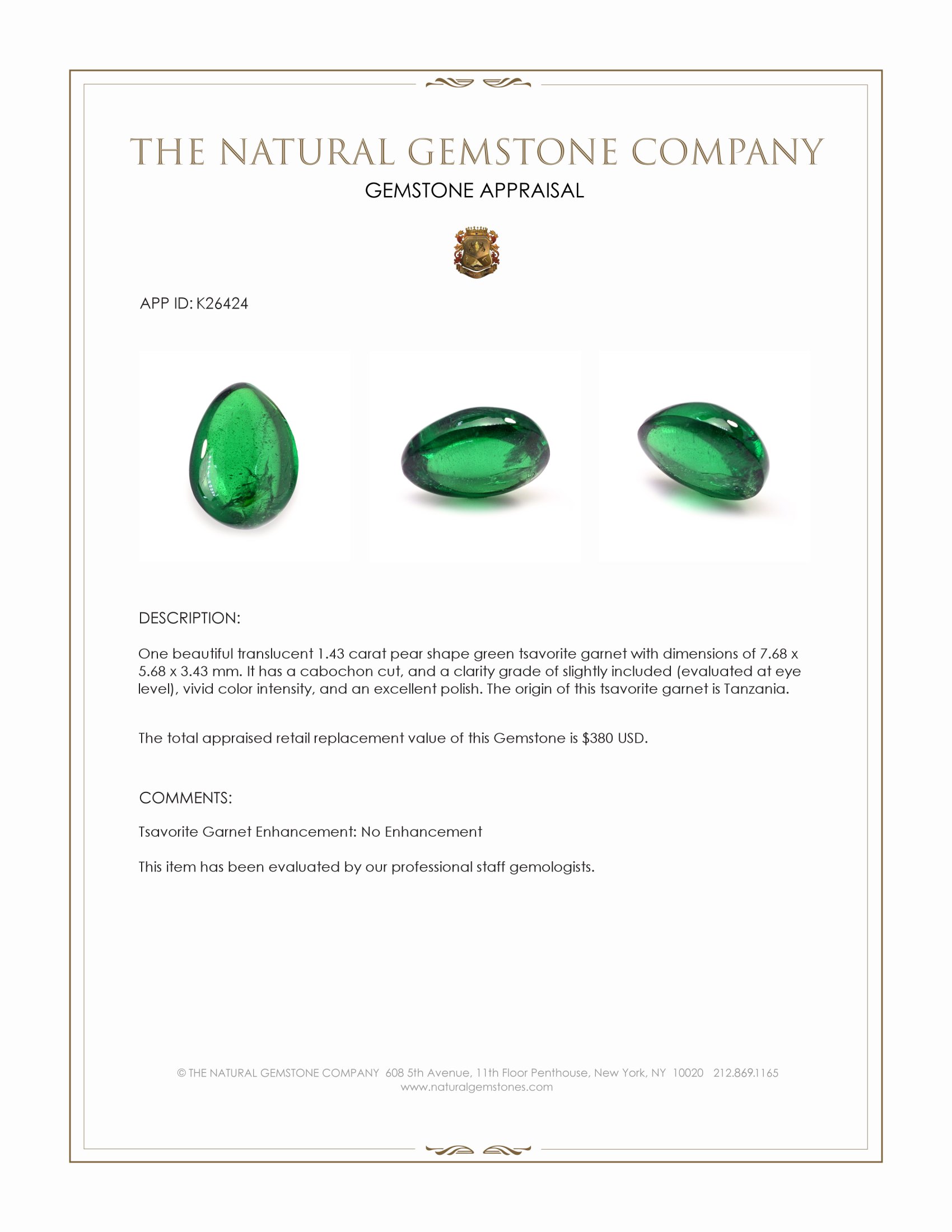1.43 Ct. Cabochon Tsavorite Garnet from Tanzania