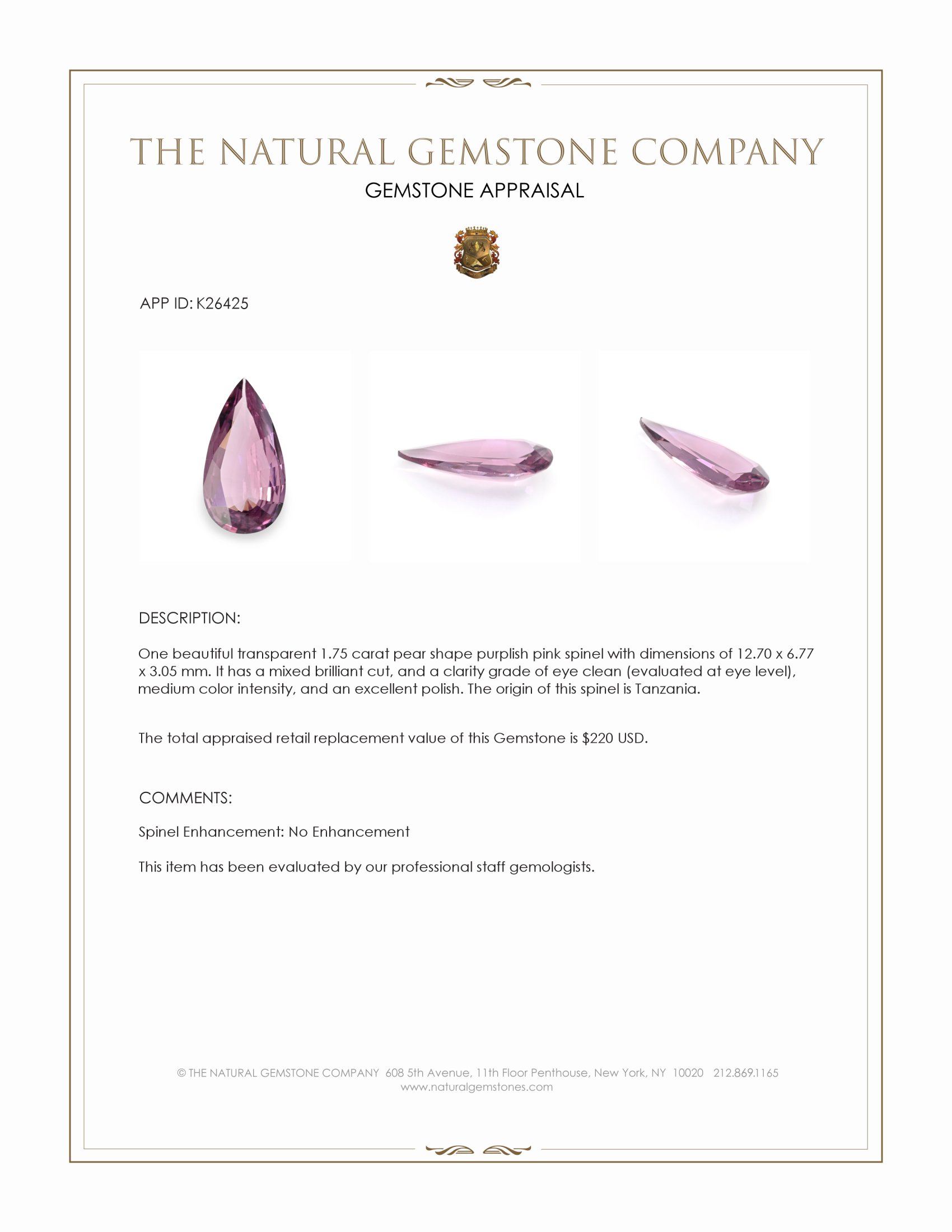 1.75 Ct. Purplish Pink Spinel from Tanzania