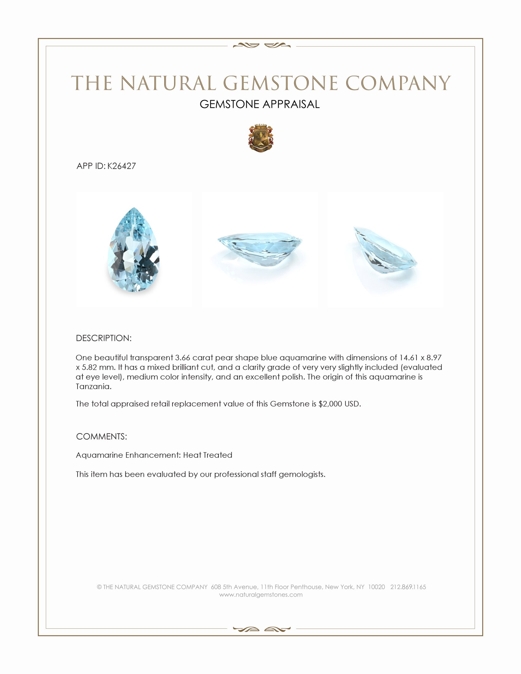 3.66 Ct. Blue Aquamarine from Tanzania