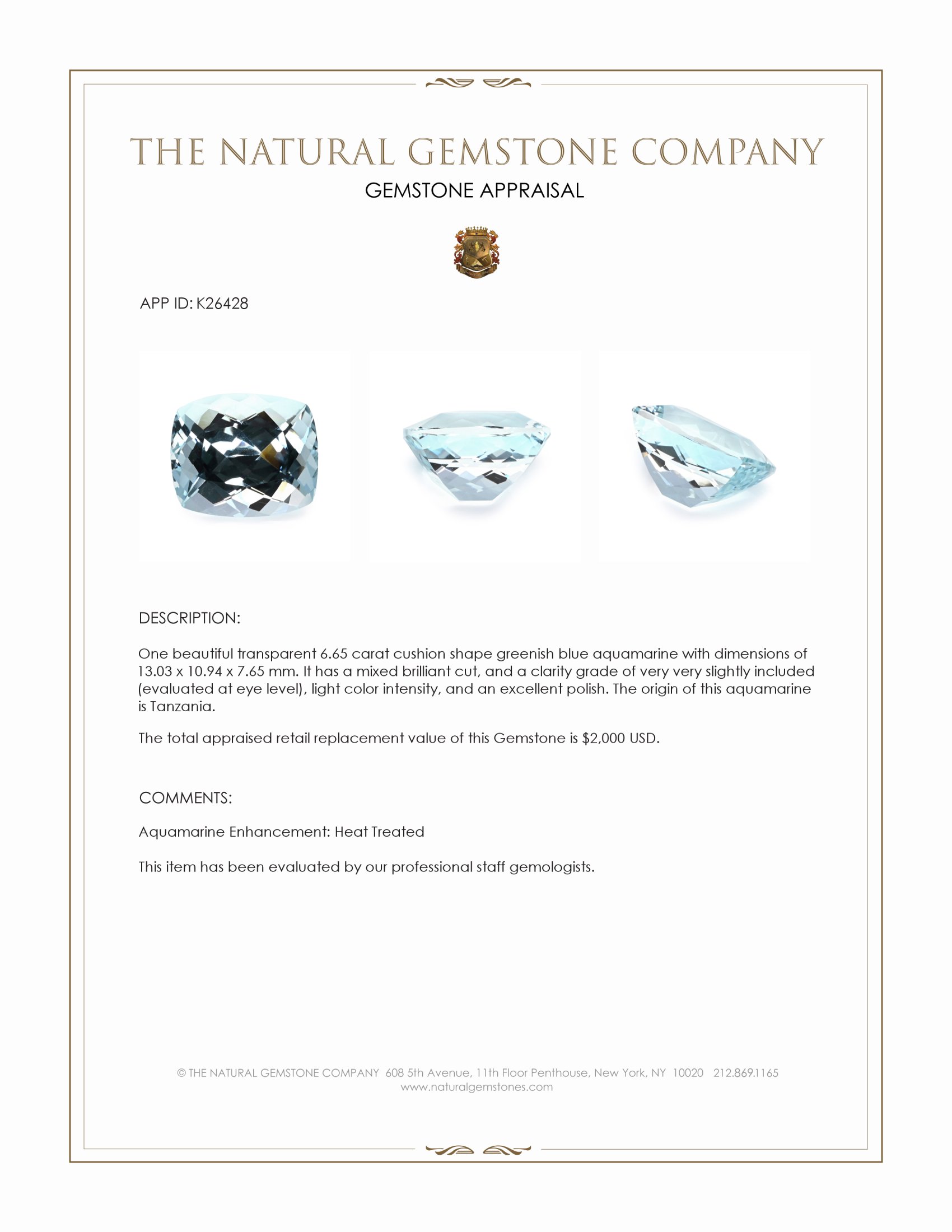 6.65 Ct. Greenish Blue Aquamarine from Tanzania