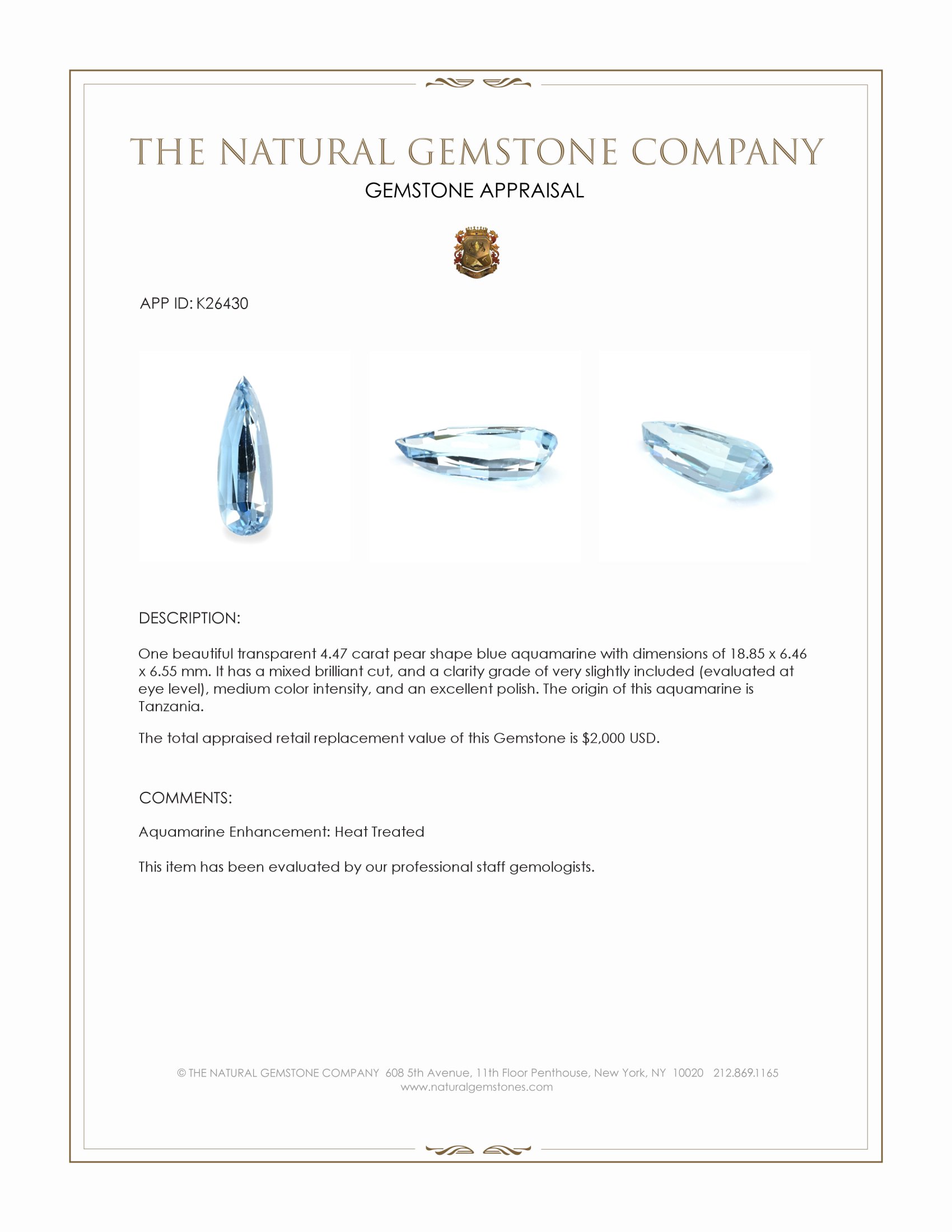 4.47 Ct. Blue Aquamarine from Tanzania