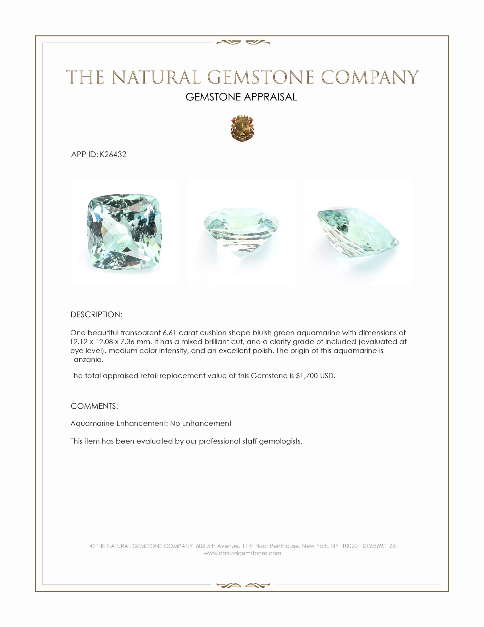 6.61 Ct. Bluish Green Aquamarine from Tanzania