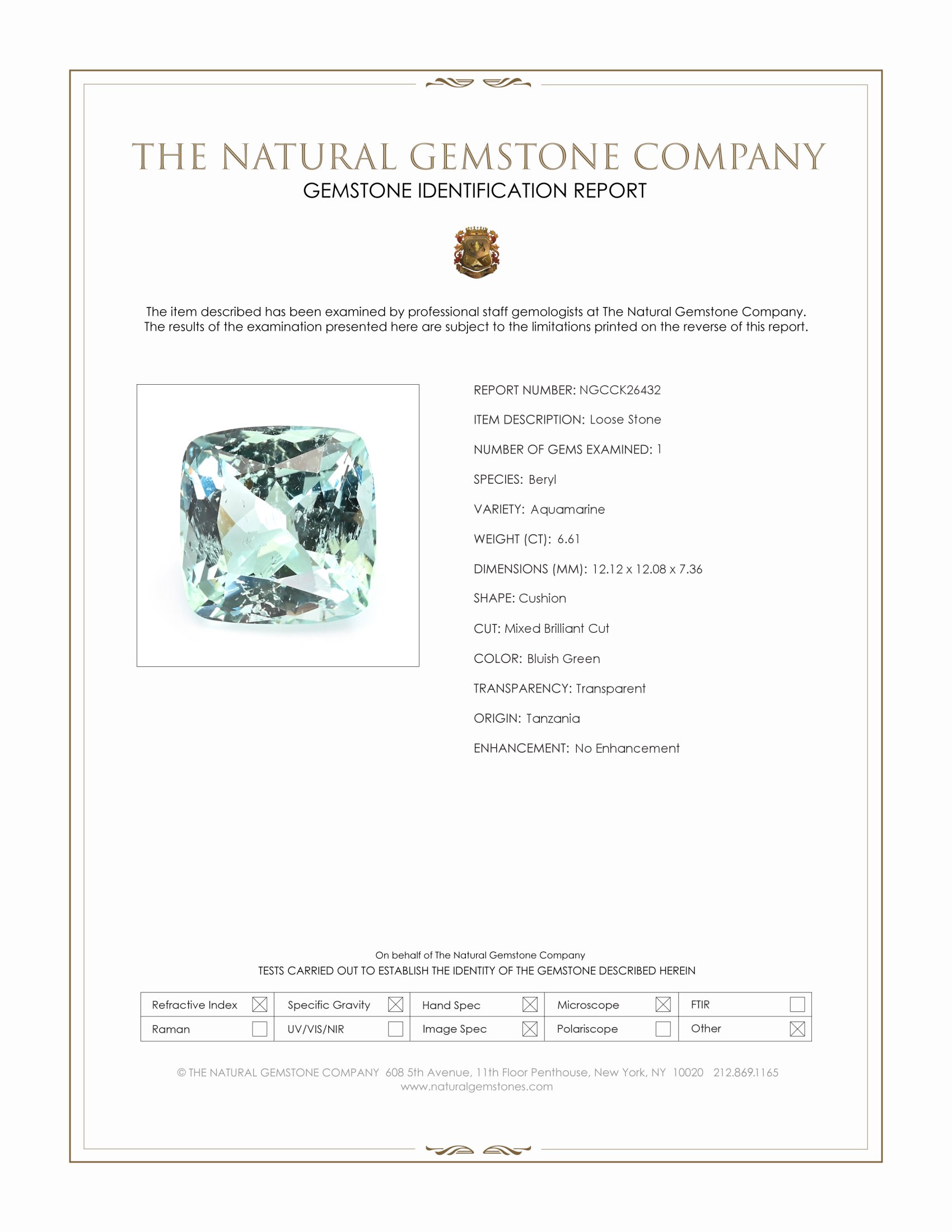 6.61 Ct. Bluish Green Aquamarine from Tanzania