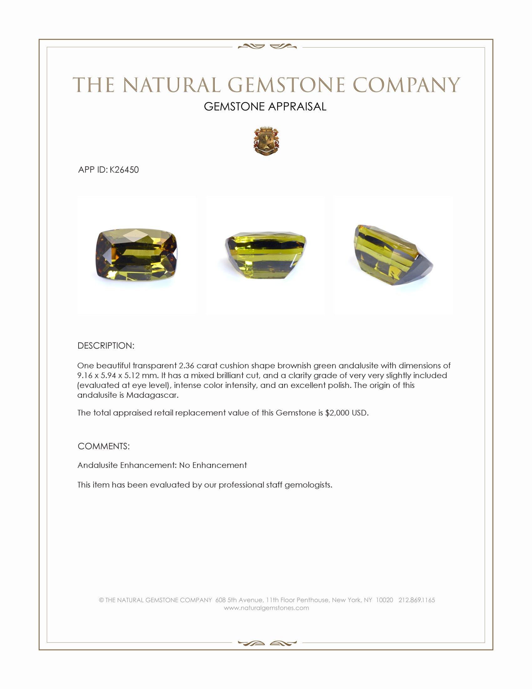 2.36 Ct. Brownish Green Andalusite from Madagascar