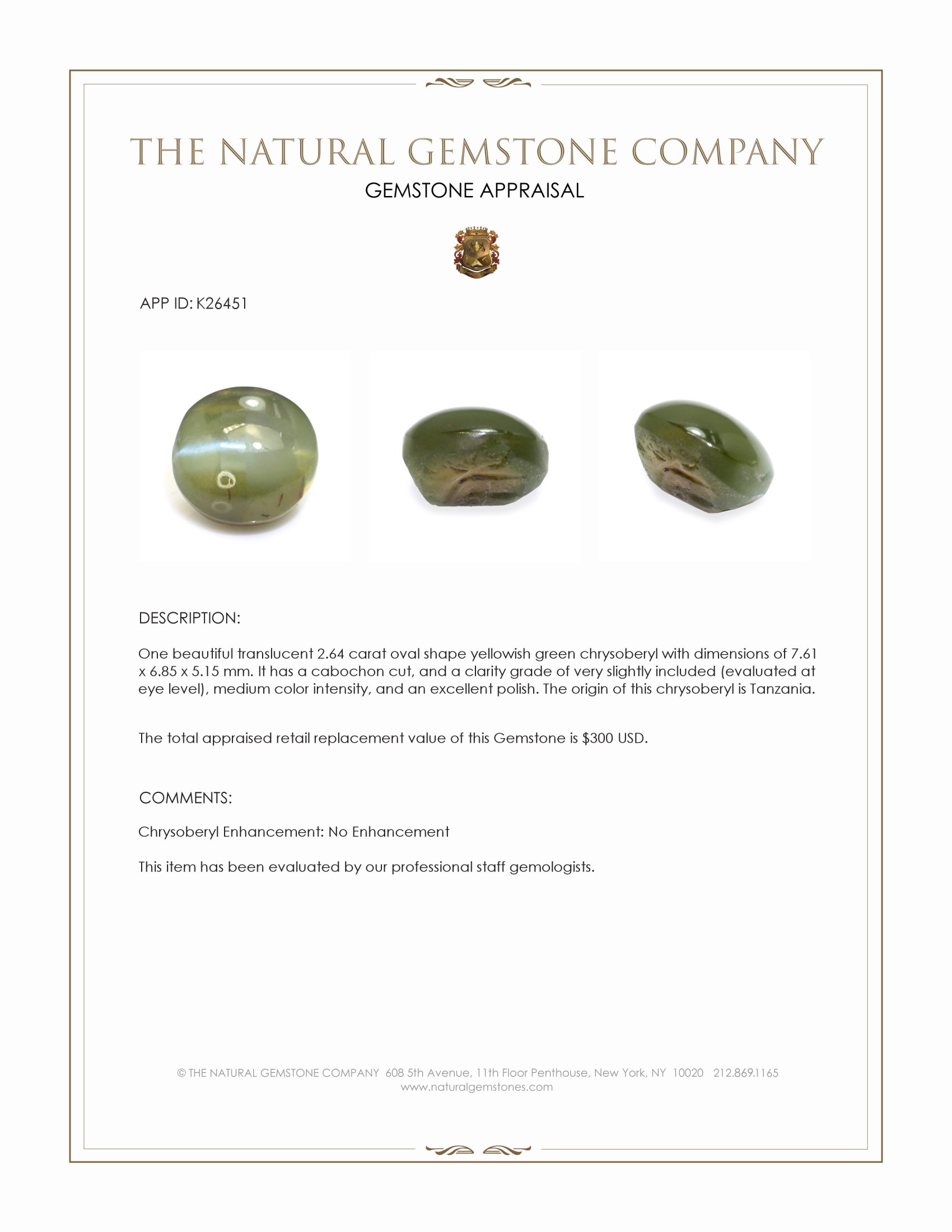 2.64 Ct. Yellowish Green Cabochon Chrysoberyl from Tanzania