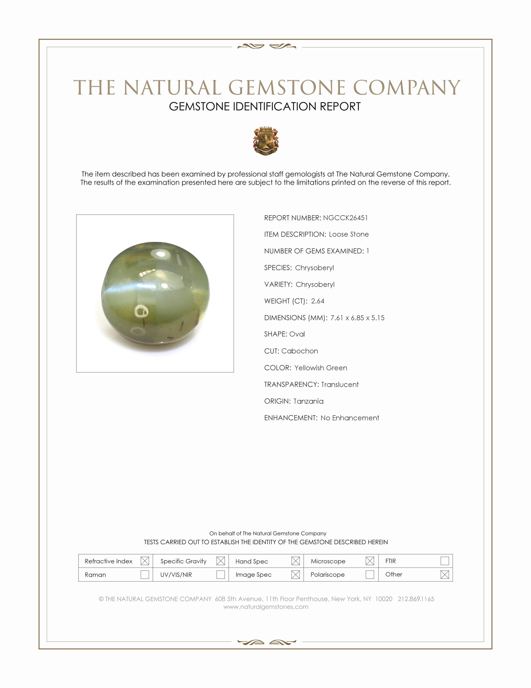 2.64 Ct. Yellowish Green Cabochon Chrysoberyl from Tanzania