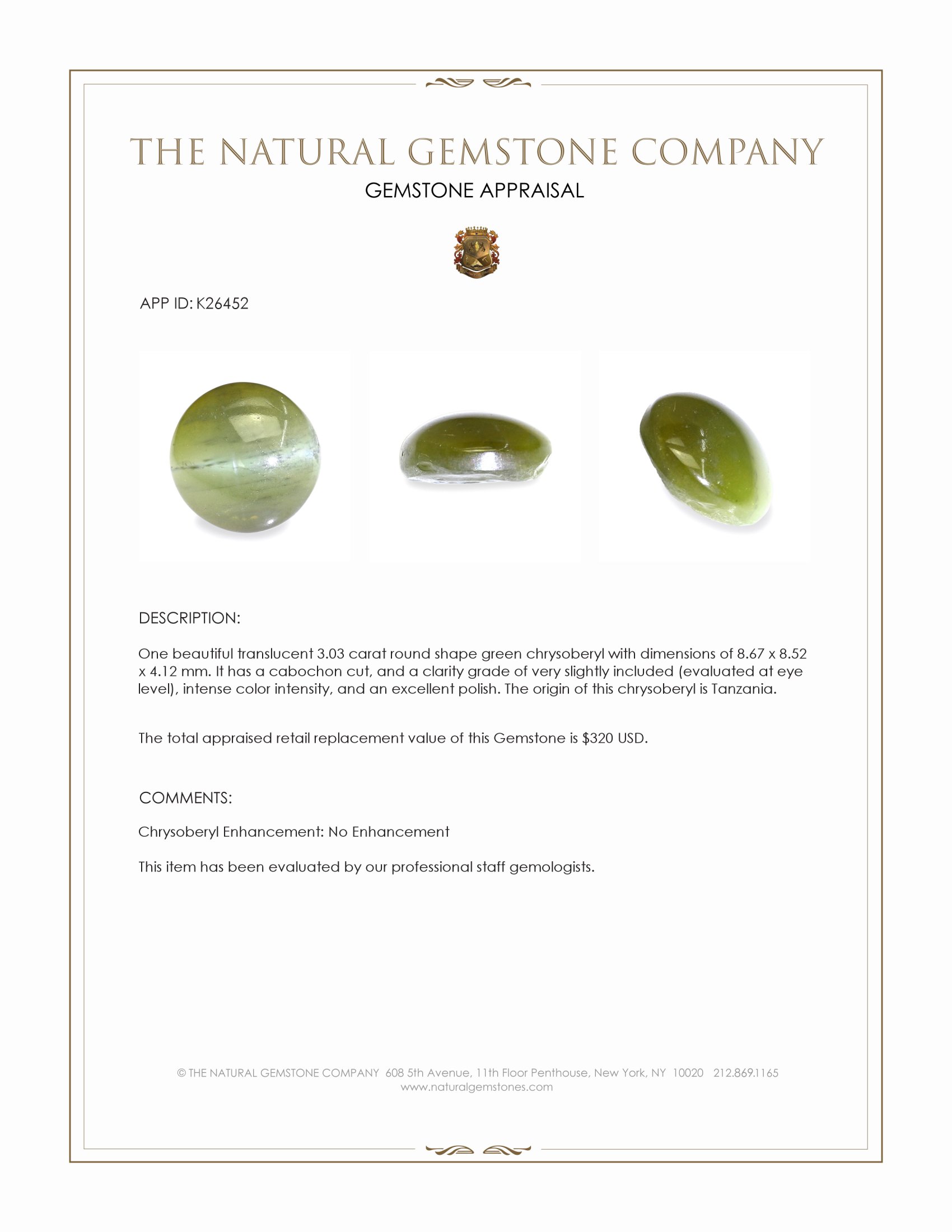 3.03 Ct. Green Cabochon Chrysoberyl from Tanzania