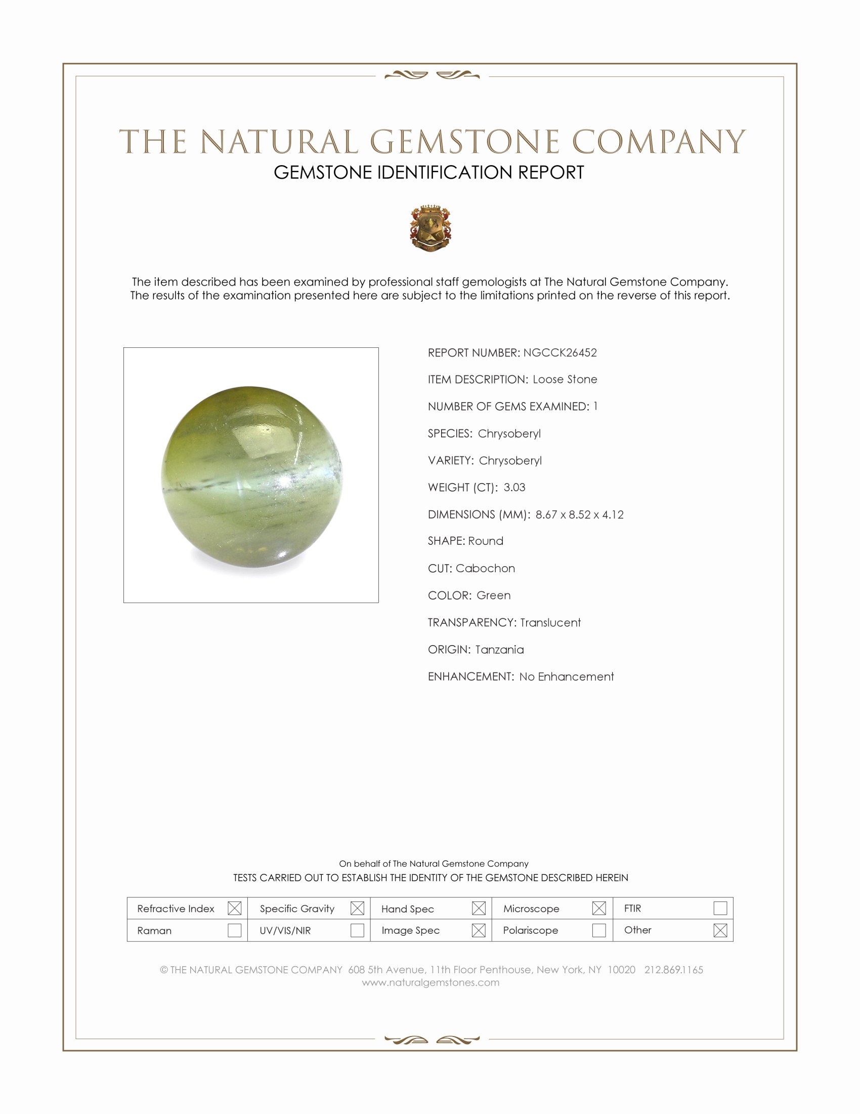 3.03 Ct. Green Cabochon Chrysoberyl from Tanzania