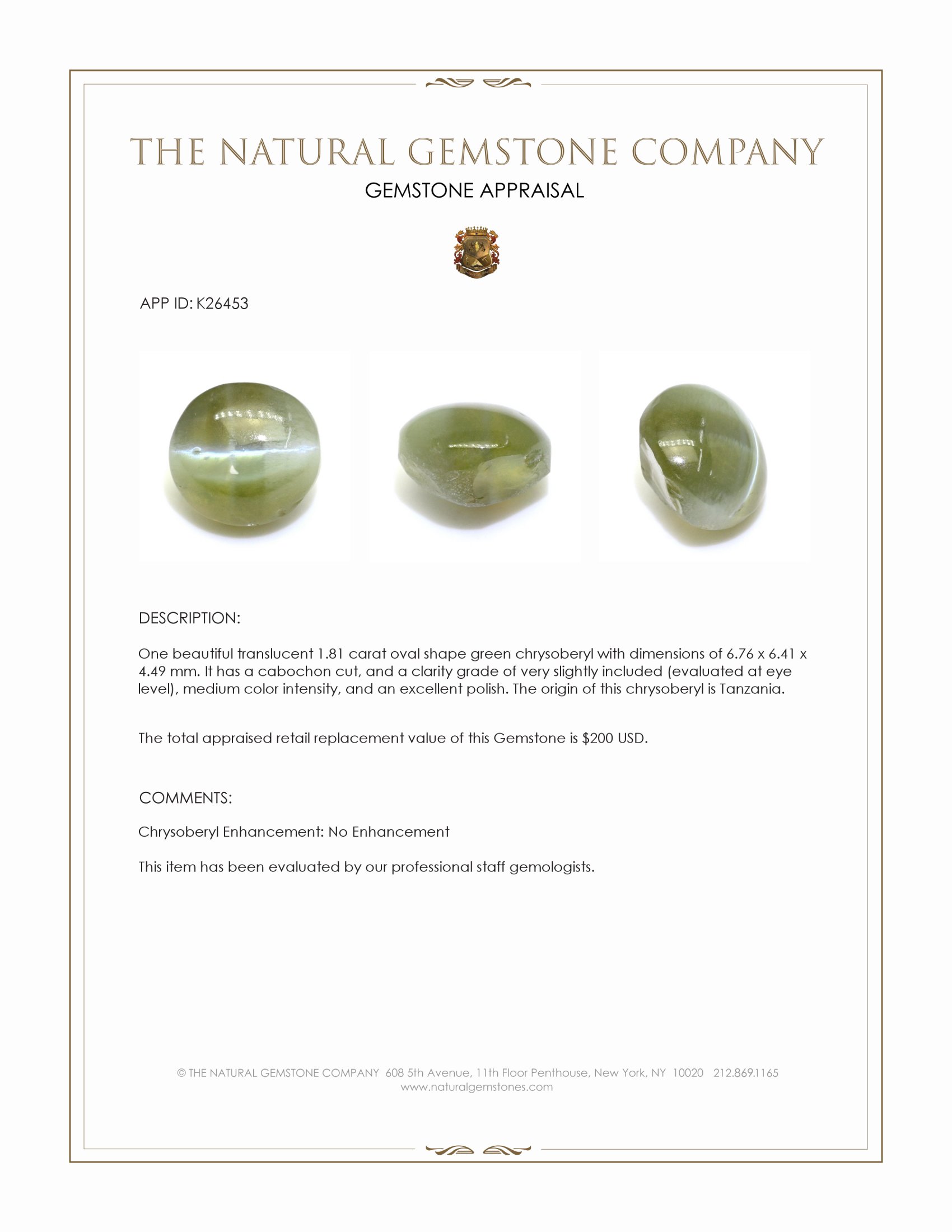 1.81 Ct. Green Cabochon Chrysoberyl from Tanzania