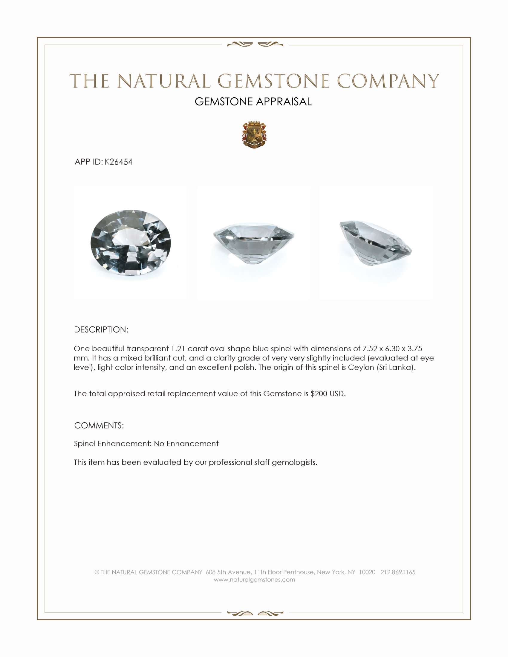 1.21 Ct. Blue Spinel from Ceylon (Sri Lanka)