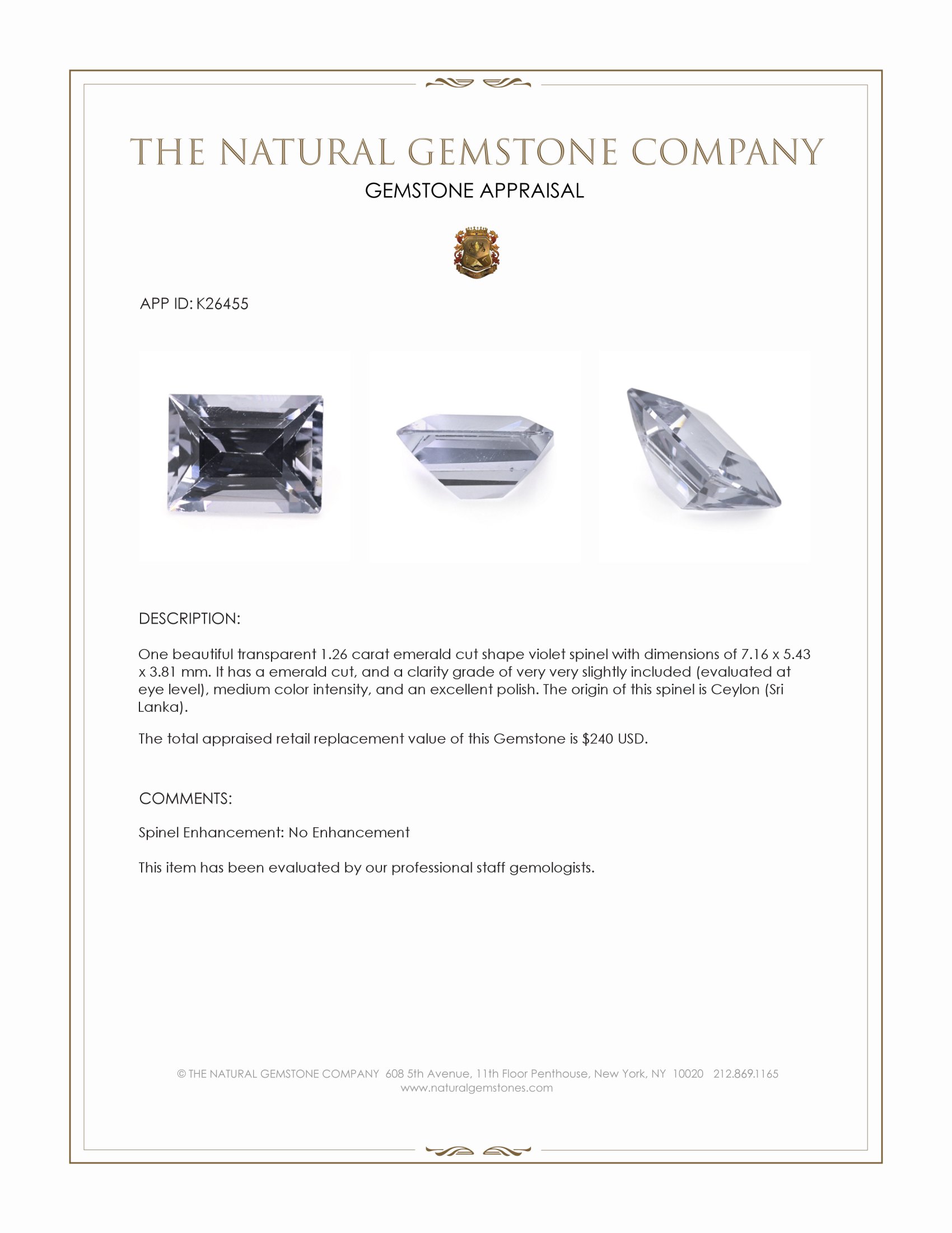 1.26 Ct. Violet Spinel from Ceylon (Sri Lanka)