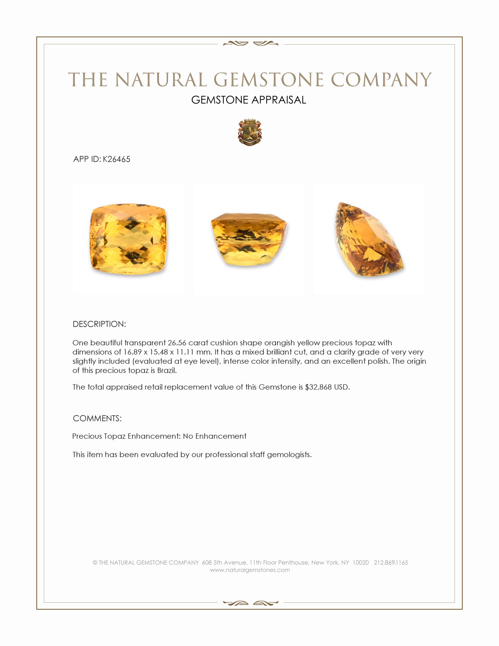 26.56 Ct. Orangish Yellow Precious Topaz from Brazil