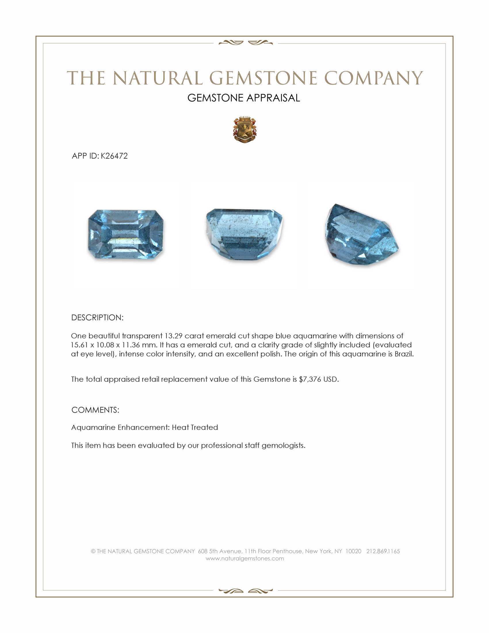 13.29 Ct. Blue Aquamarine from Brazil