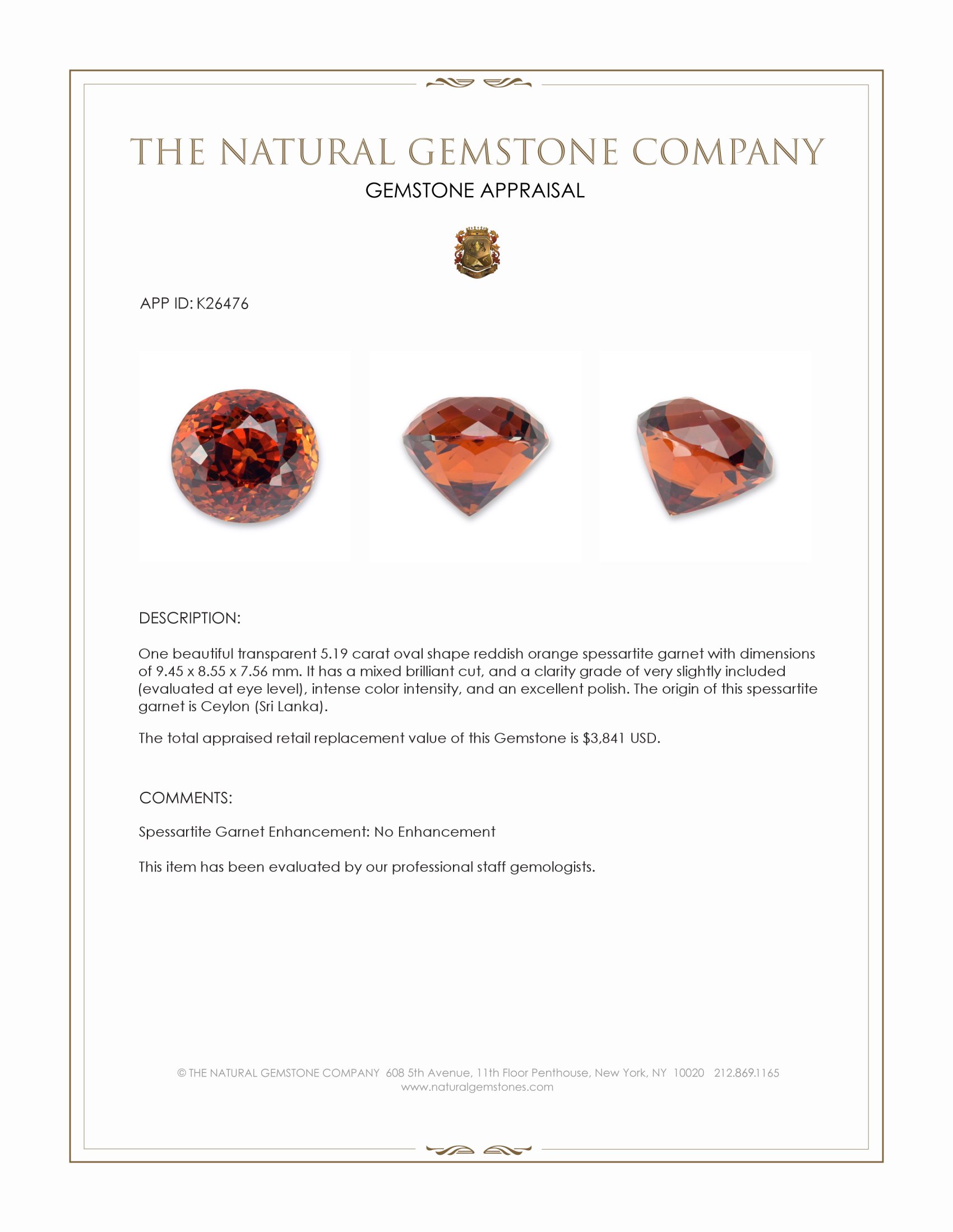 5.19 Ct. Reddish Orange Spessartite Garnet from Ceylon (Sri Lanka)