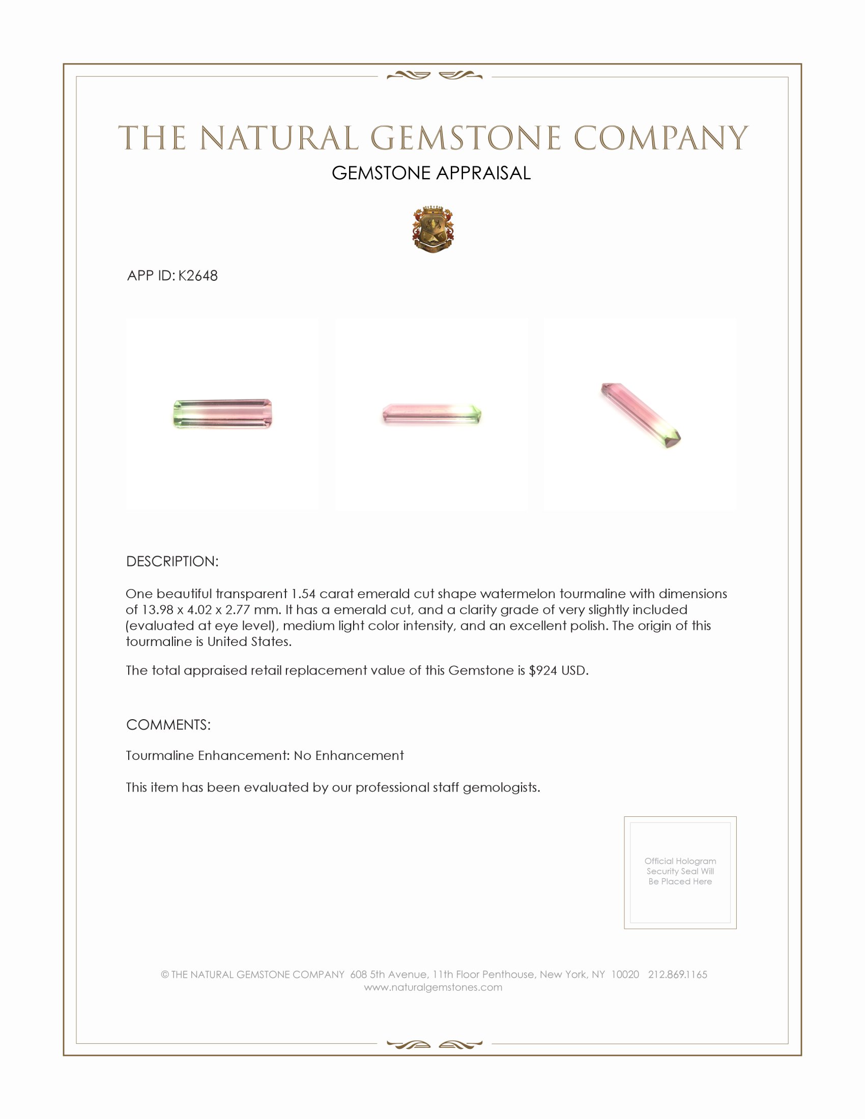 1.54 Ct. Tourmaline from United States
