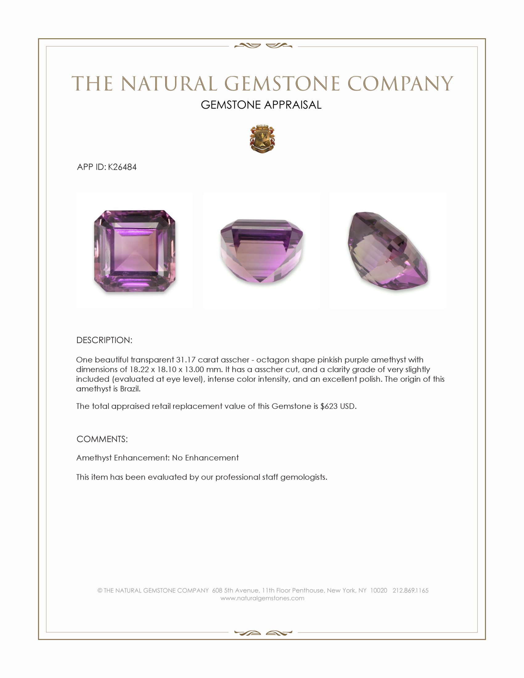 31.17 Ct. Pinkish Purple Amethyst from Brazil