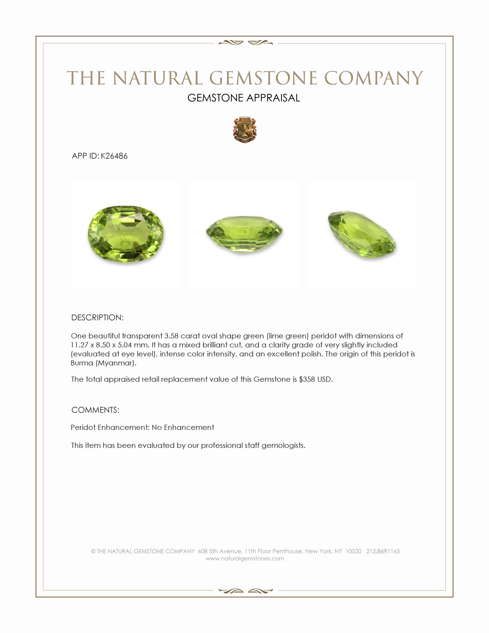3.58 Ct. Green (Lime Green) Peridot from Burma (Myanmar)