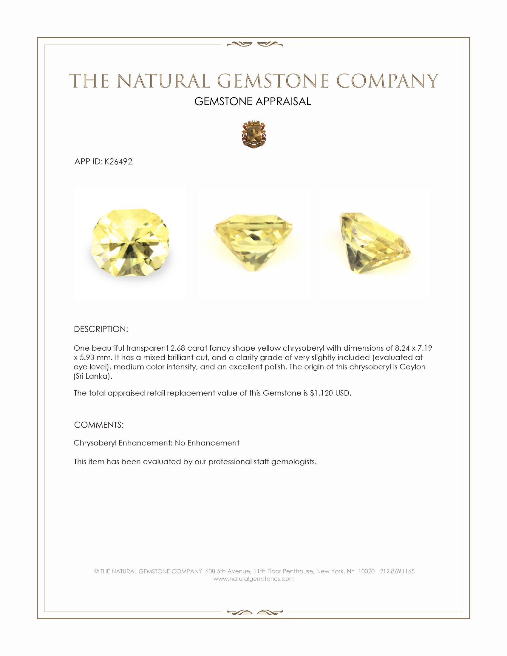 2.68 Ct. Yellow Chrysoberyl from Ceylon (Sri Lanka)