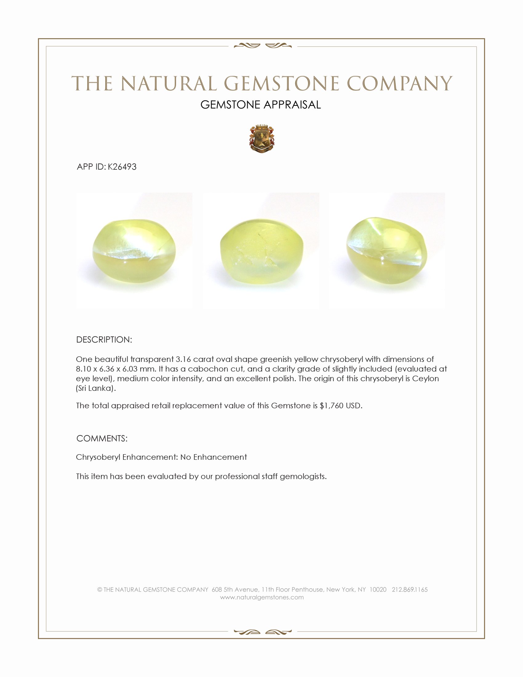 3.16 Ct. Greenish Yellow Cabochon Chrysoberyl from Ceylon (Sri Lanka)