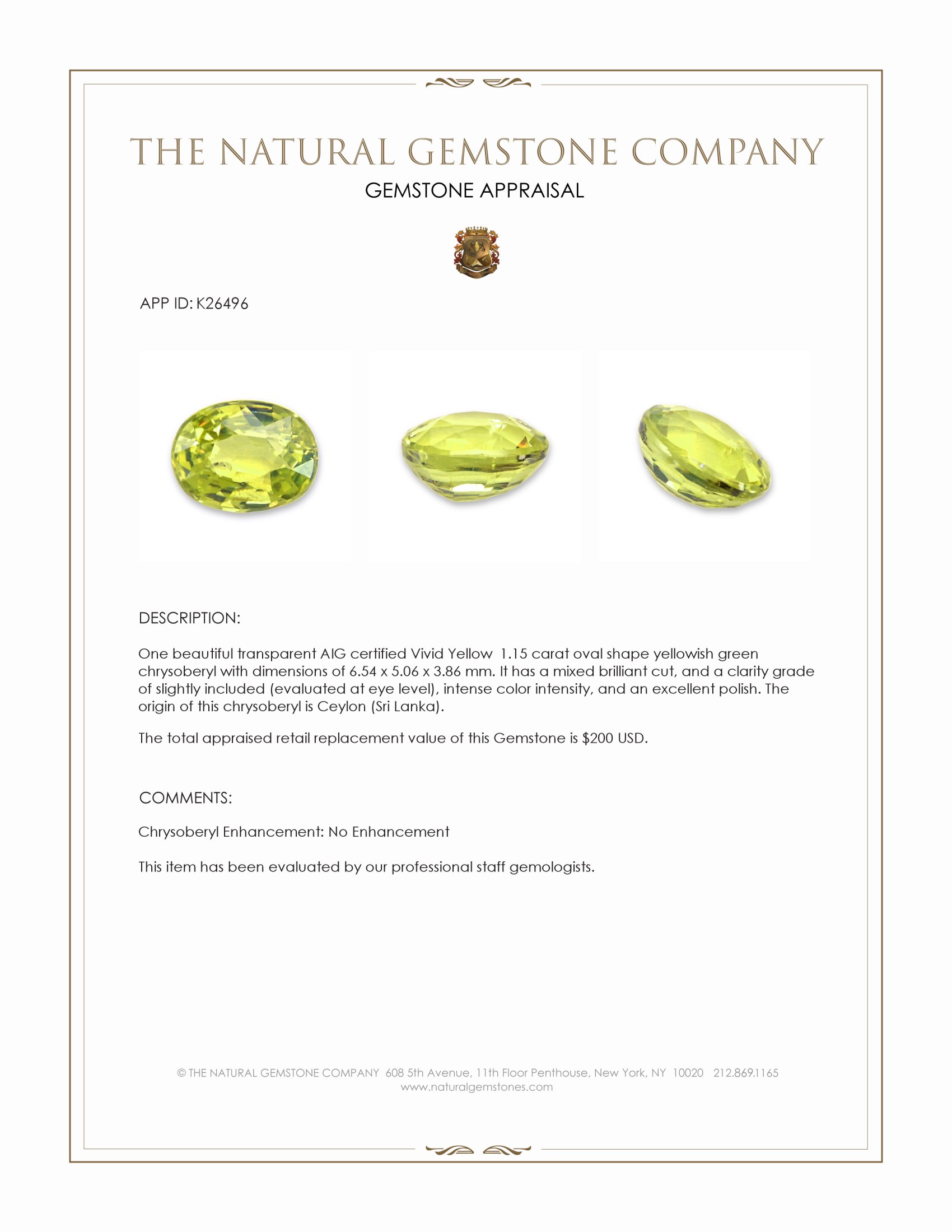 1.15 Ct. Yellowish Green Chrysoberyl from Ceylon (Sri Lanka)