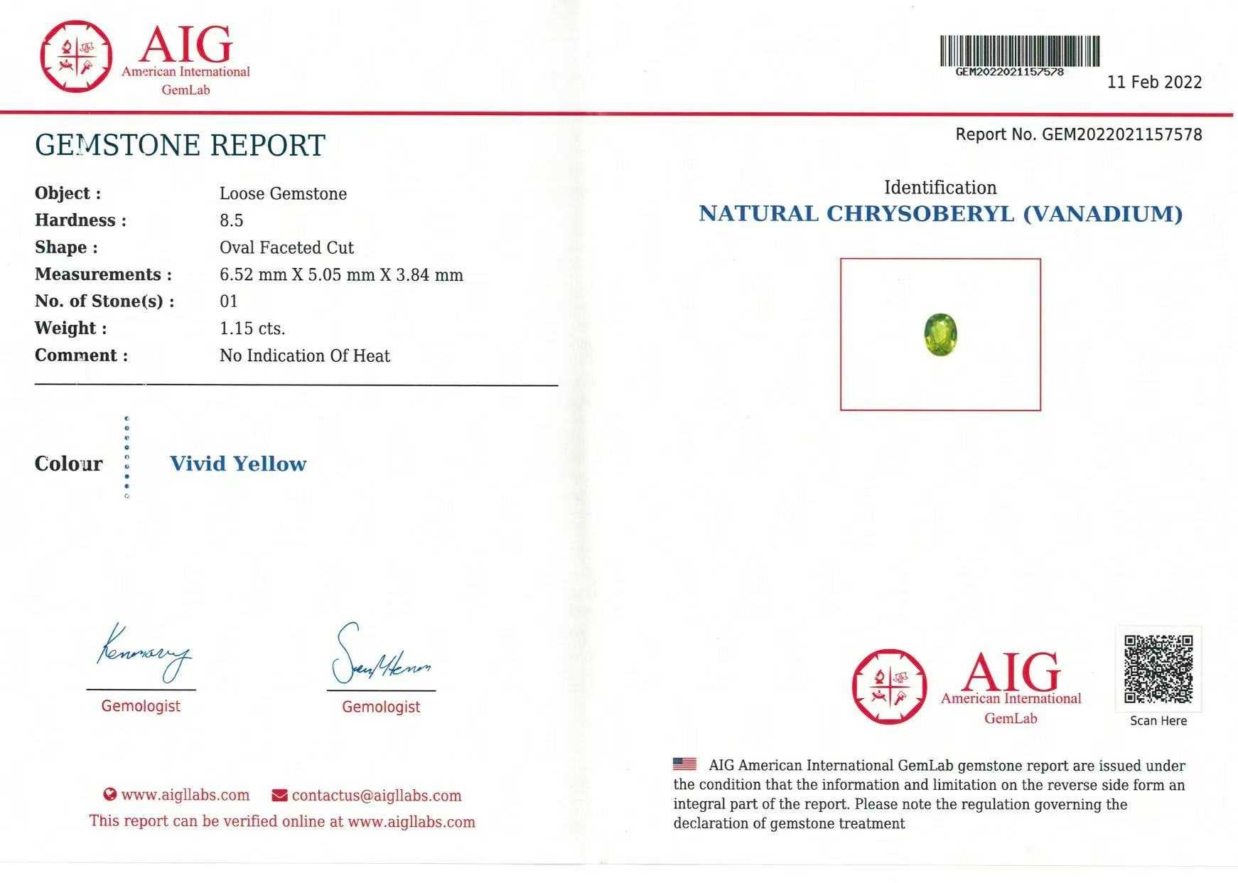 1.15 Ct. Yellowish Green Chrysoberyl from Ceylon (Sri Lanka)