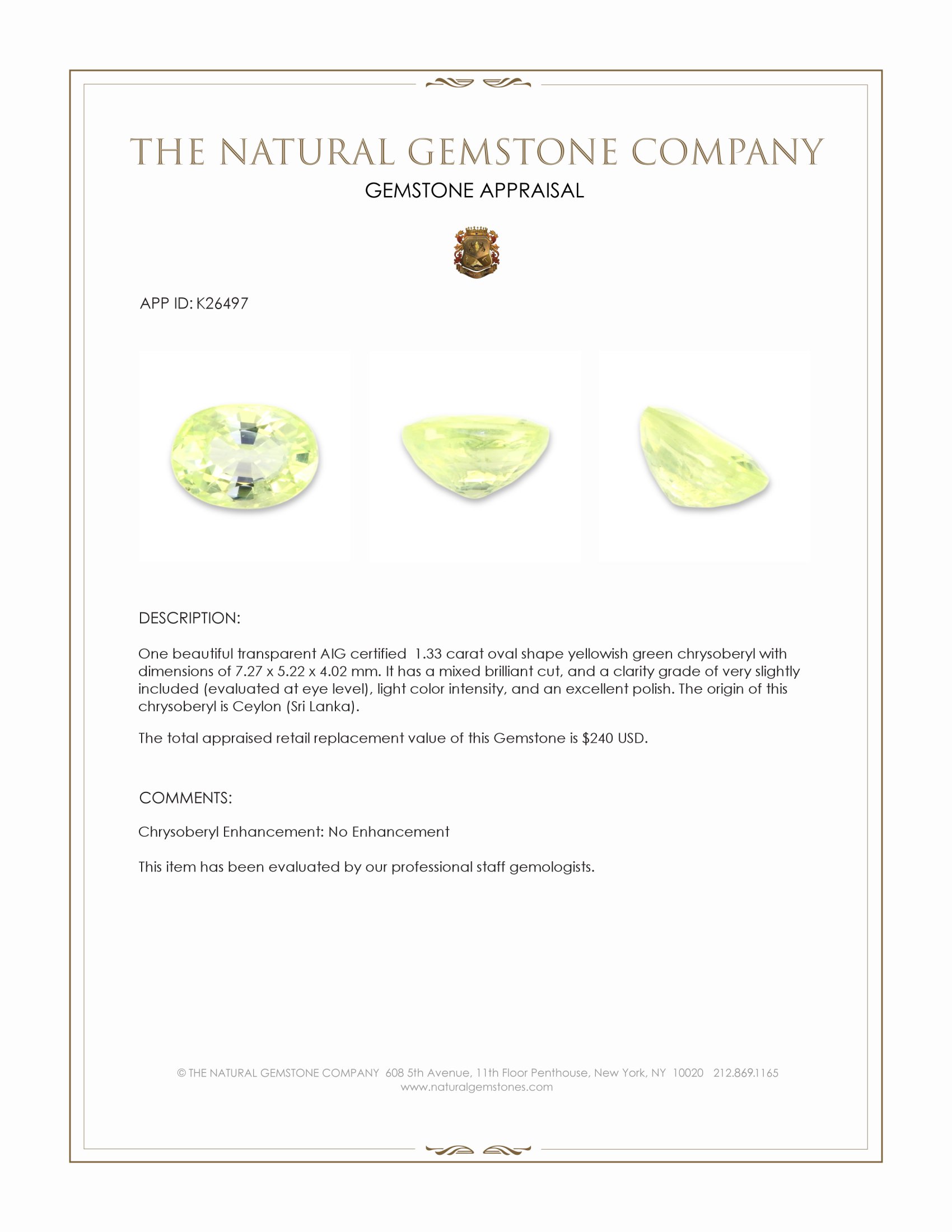 1.33 Ct. Yellowish Green Chrysoberyl from Ceylon (Sri Lanka)