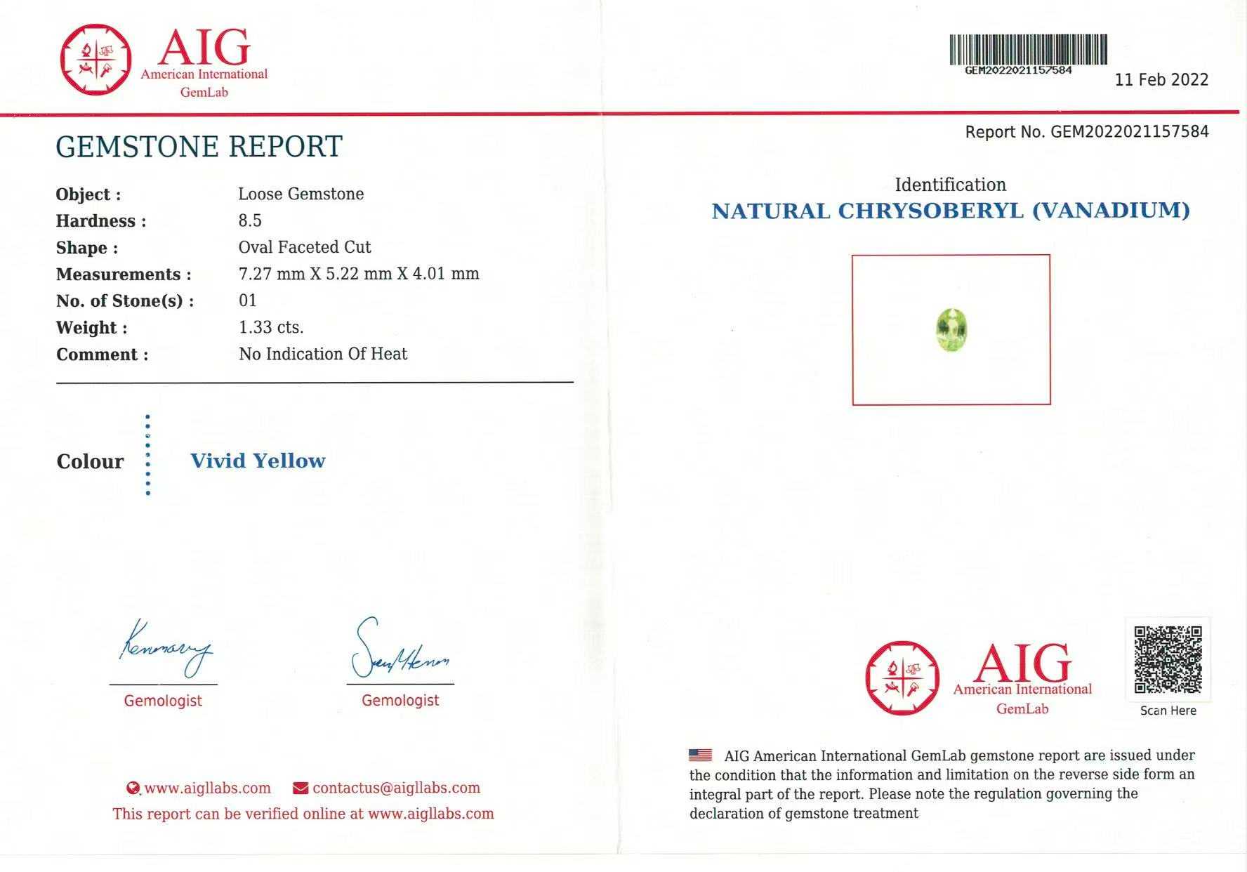 1.33 Ct. Yellowish Green Chrysoberyl from Ceylon (Sri Lanka)