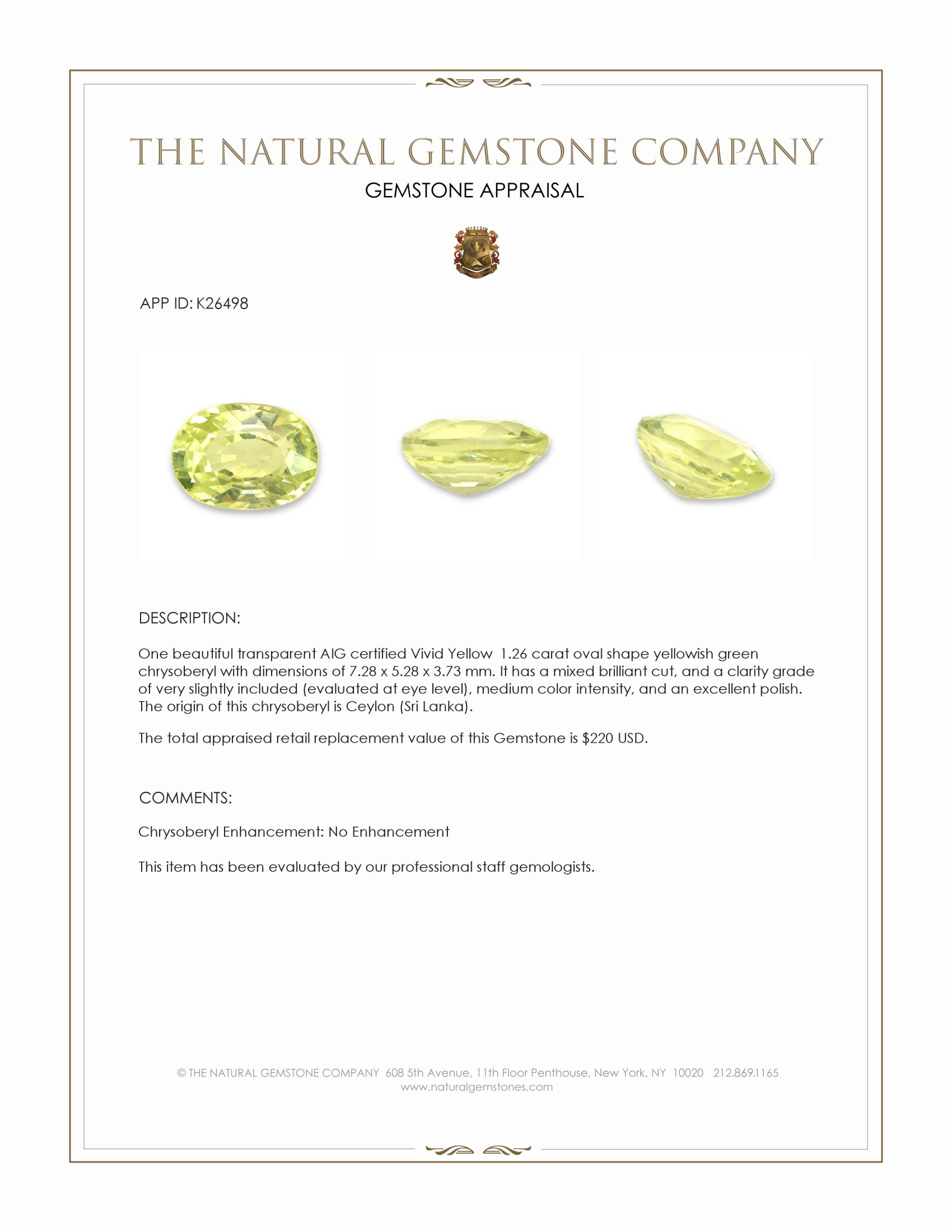 1.26 Ct. Yellowish Green Chrysoberyl from Ceylon (Sri Lanka)
