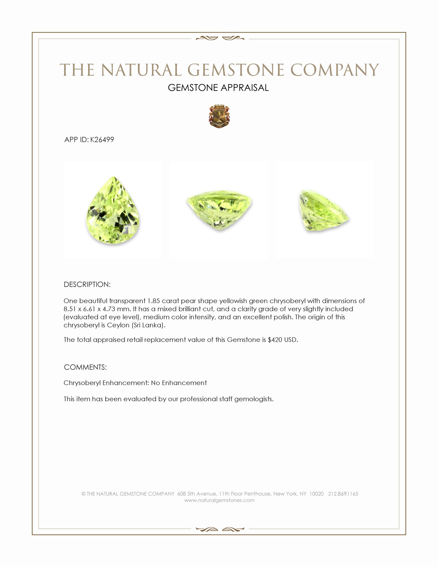 1.85 Ct. Yellowish Green Chrysoberyl from Ceylon (Sri Lanka)