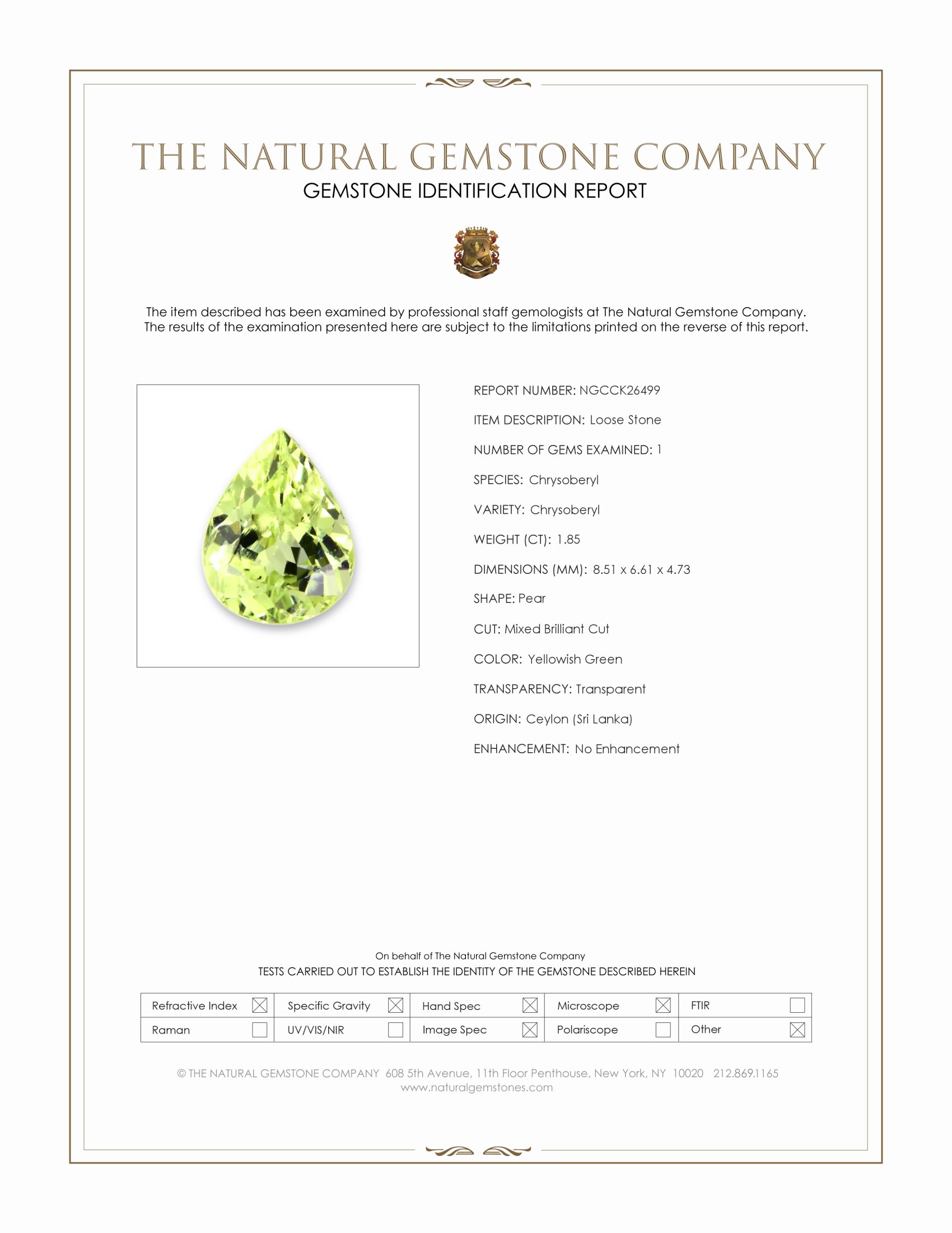 1.85 Ct. Yellowish Green Chrysoberyl from Ceylon (Sri Lanka)