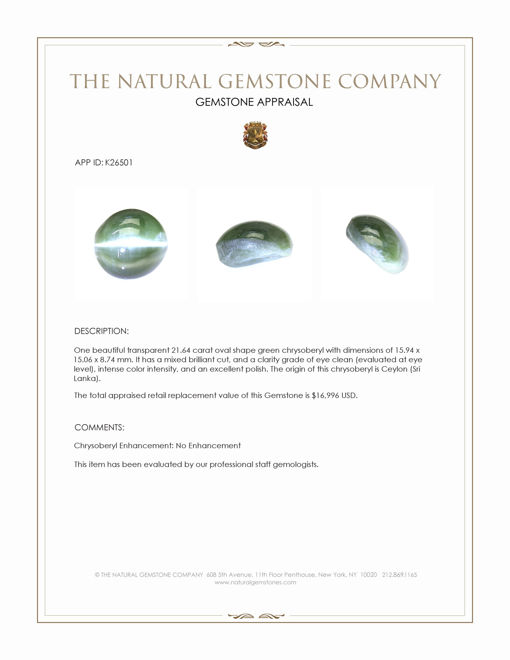 21.64 Ct. Green Chrysoberyl from Ceylon (Sri Lanka)