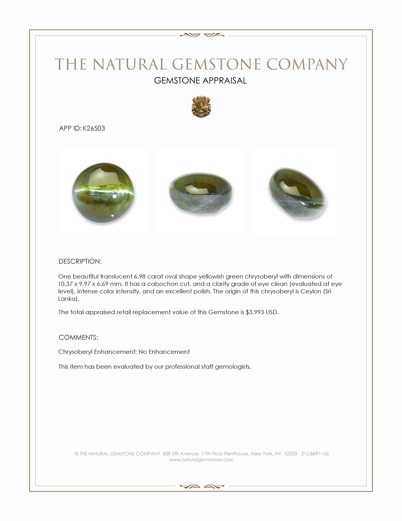 6.98 Ct. Yellowish Green Cabochon Chrysoberyl from Ceylon (Sri Lanka)