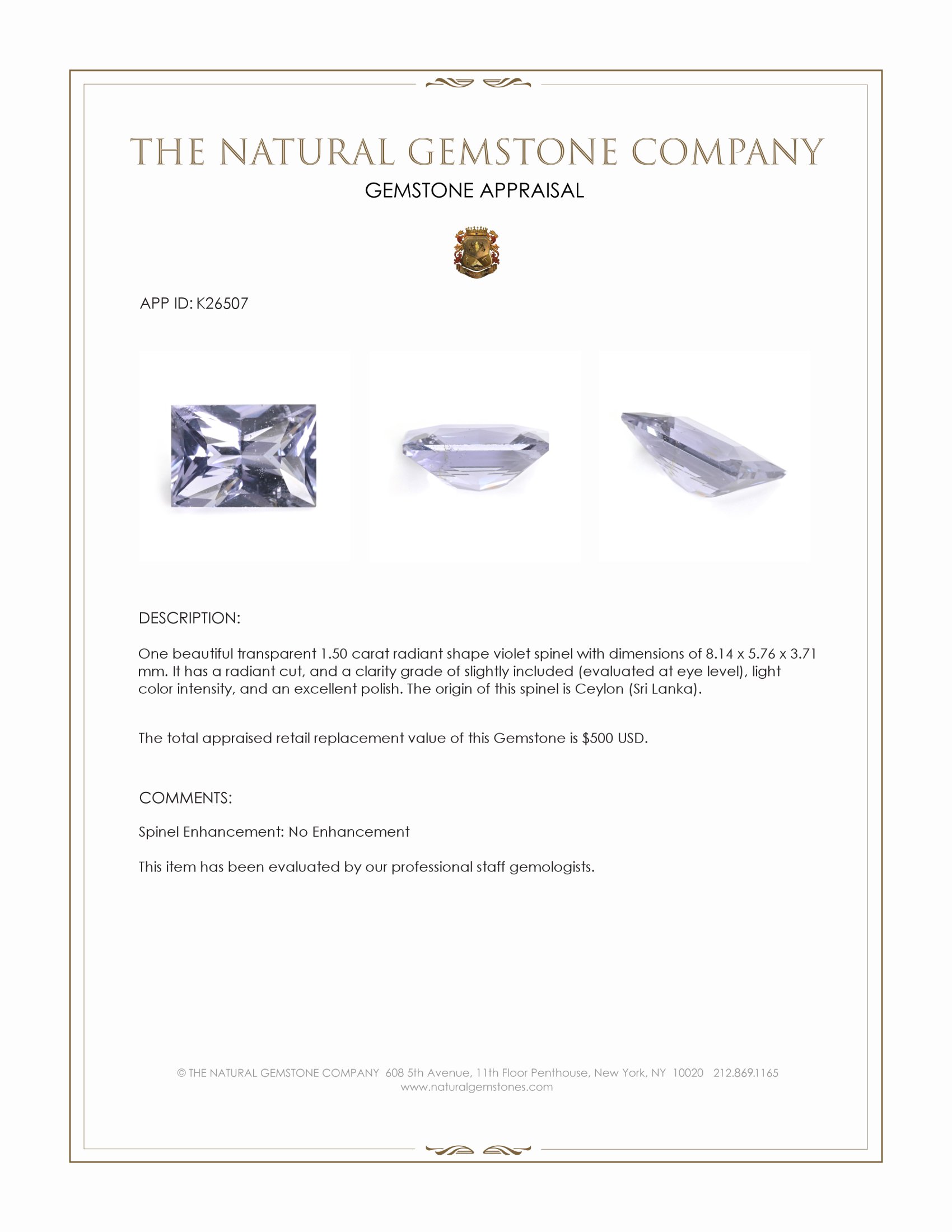 1.50 Ct. Violet Spinel from Ceylon (Sri Lanka)