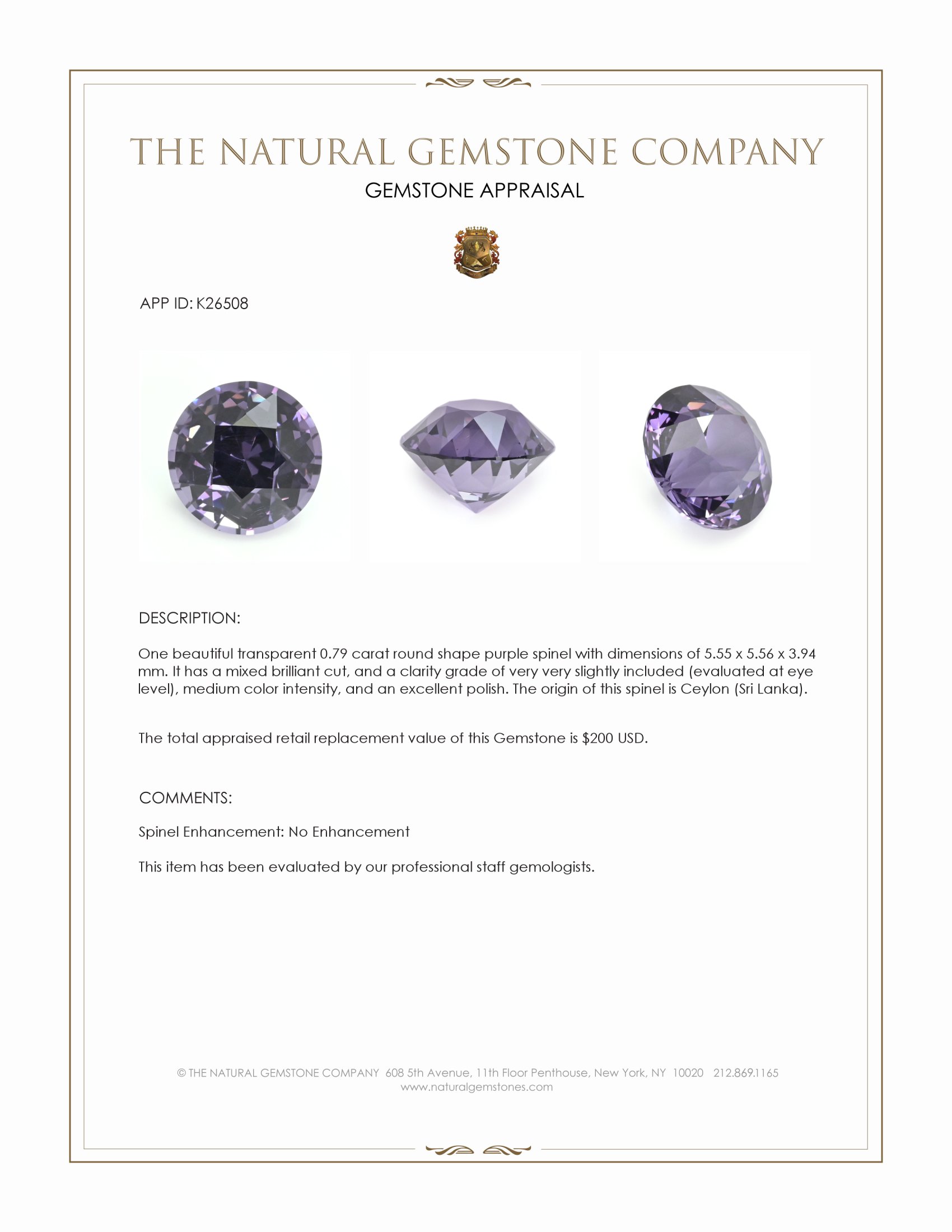 0.79 Ct. Purple Spinel from Ceylon (Sri Lanka)