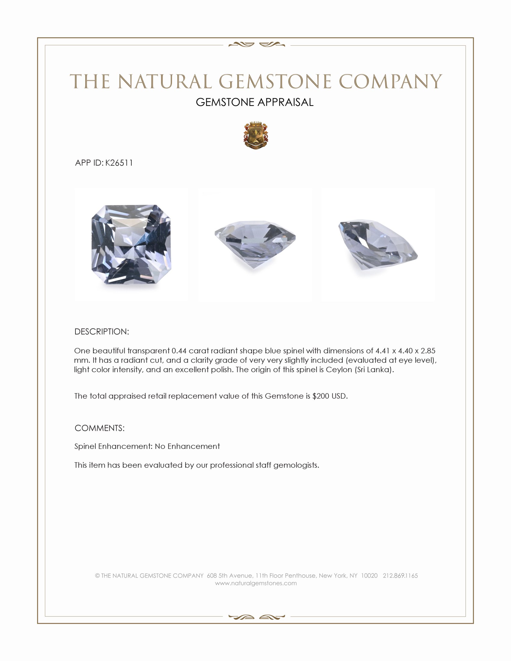 0.44 Ct. Blue Spinel from Ceylon (Sri Lanka)