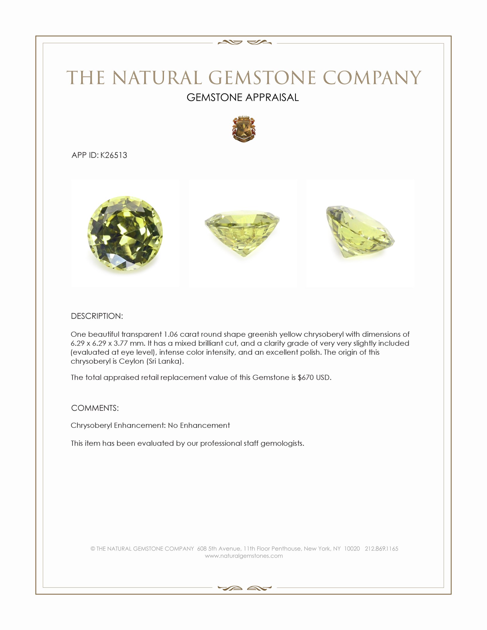 1.06 Ct. Greenish Yellow Chrysoberyl from Ceylon (Sri Lanka)