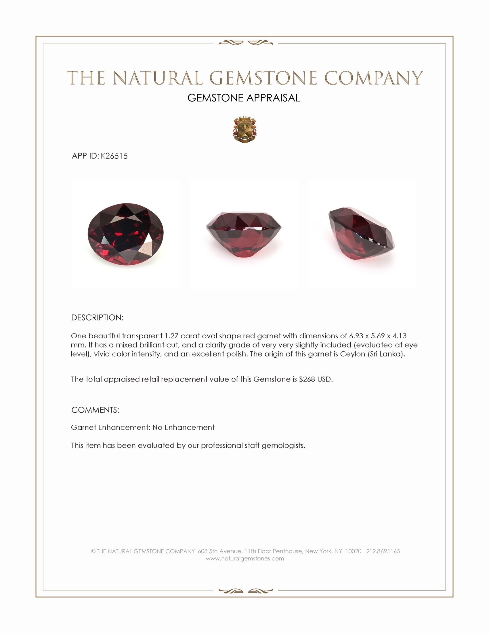 1.27 Ct. Red Garnet from Ceylon (Sri Lanka)