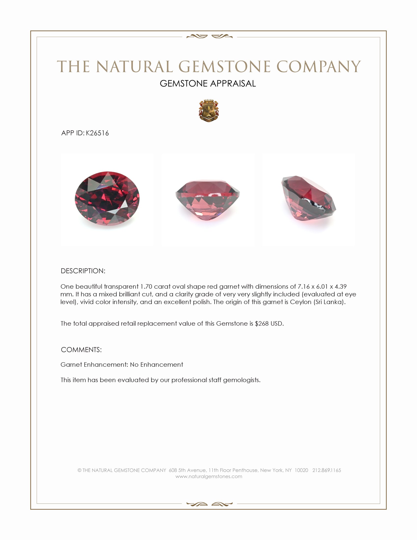 1.70 Ct. Red Garnet from Ceylon (Sri Lanka)