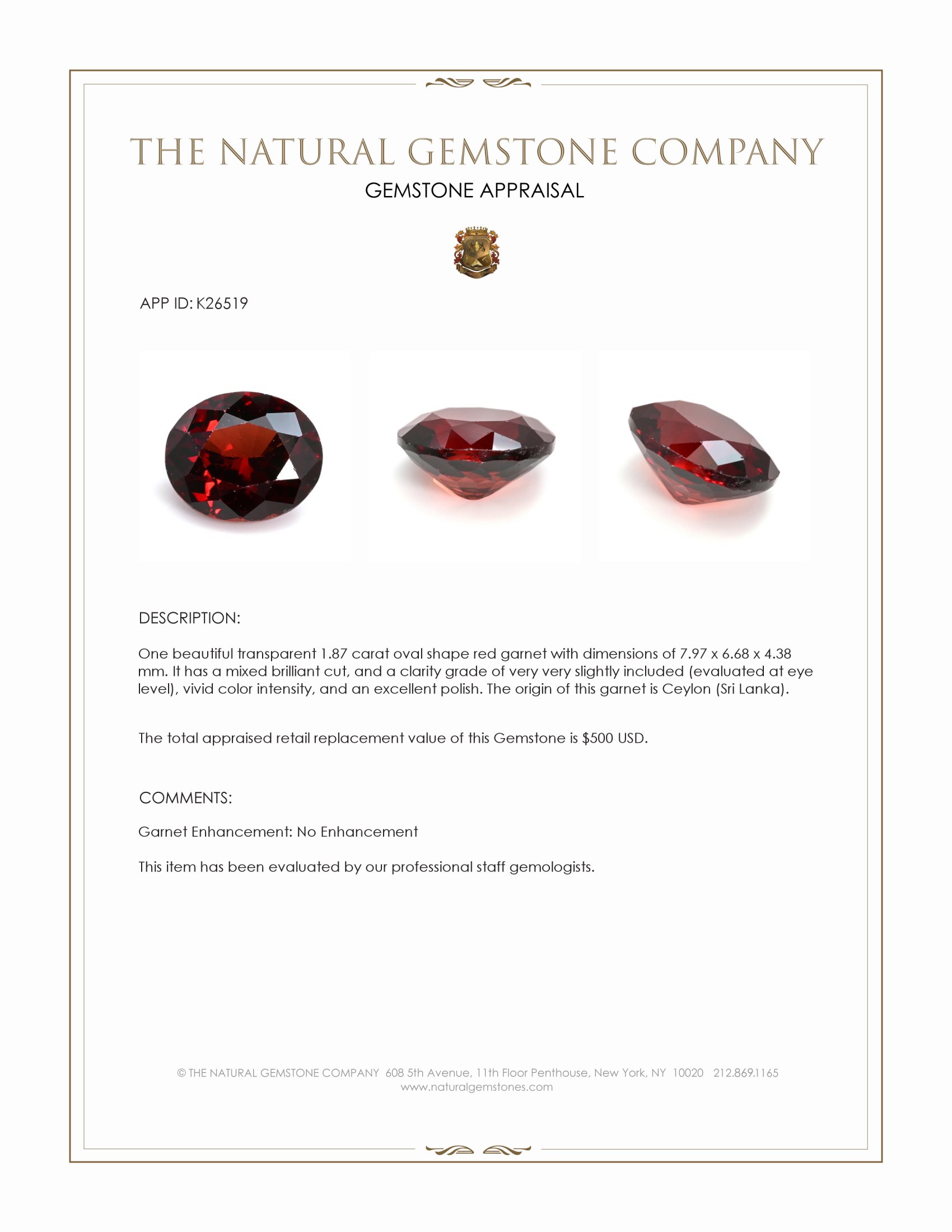 1.87 Ct. Red Garnet from Ceylon (Sri Lanka)