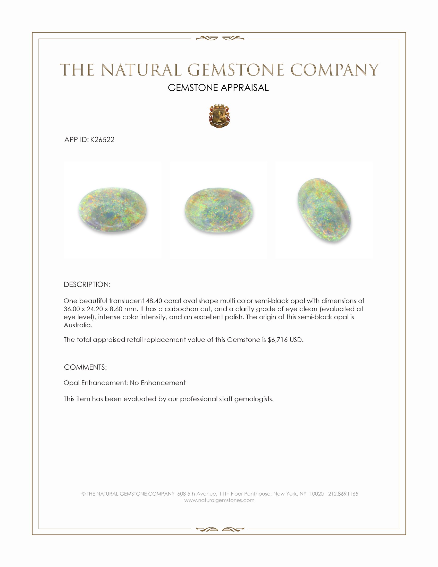 48.40 Ct. Multi Color Cabochon Crystal Opal (Jelly Opal) from Australia