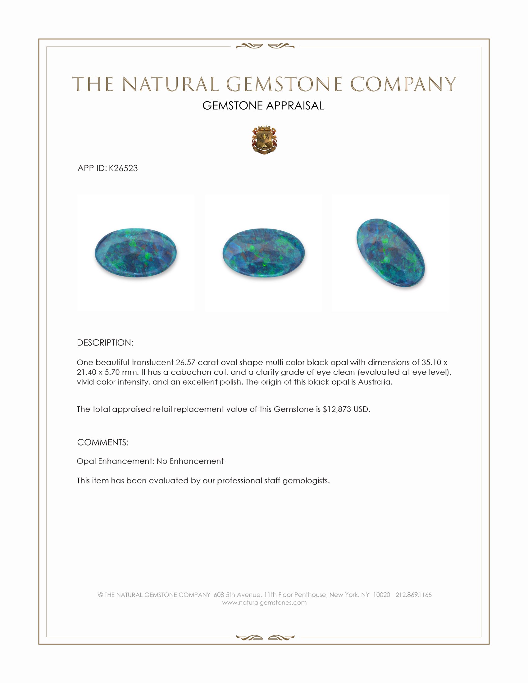 26.57 Ct. Multi Color Cabochon Black Opal (Dark Opal) from Australia