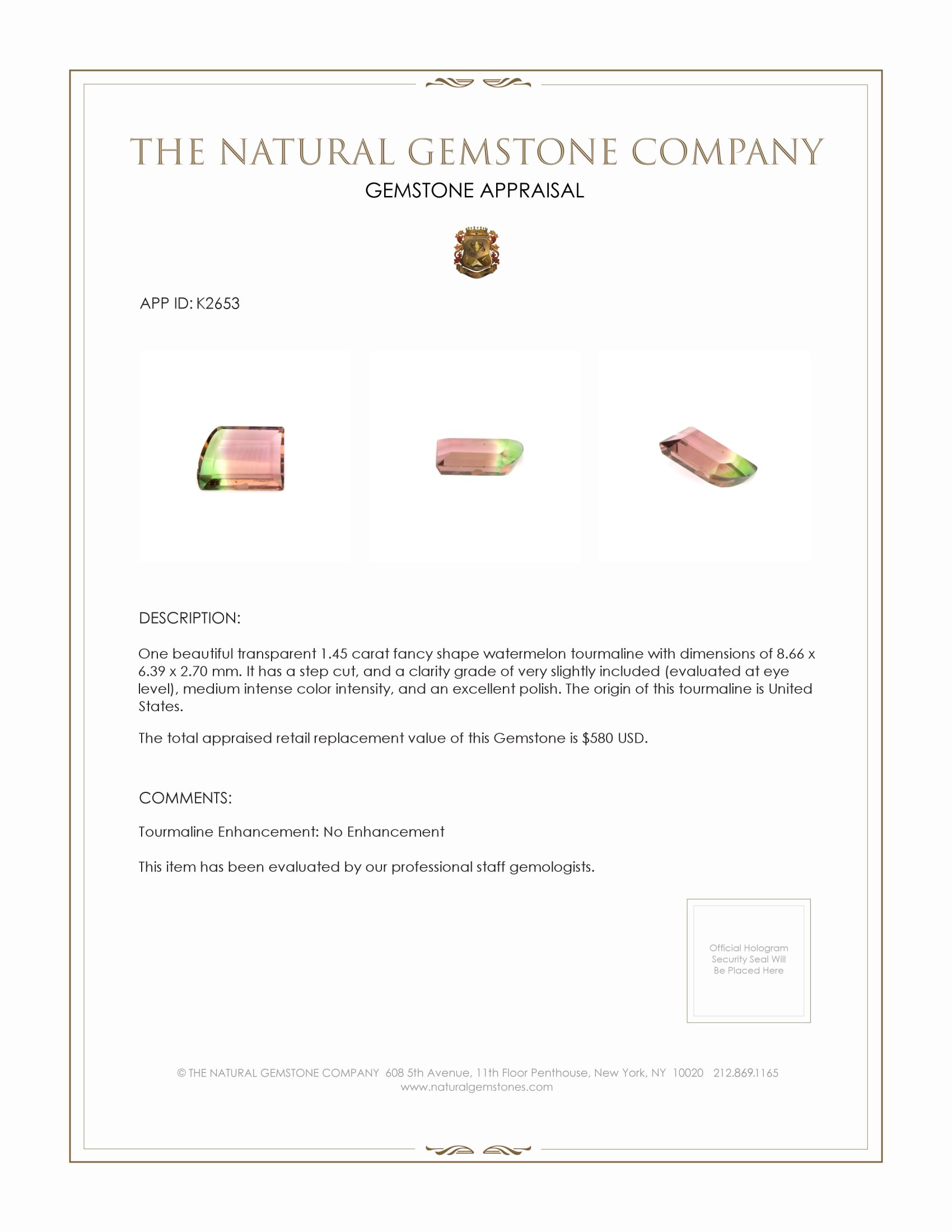 1.45 Ct. Tourmaline from United States