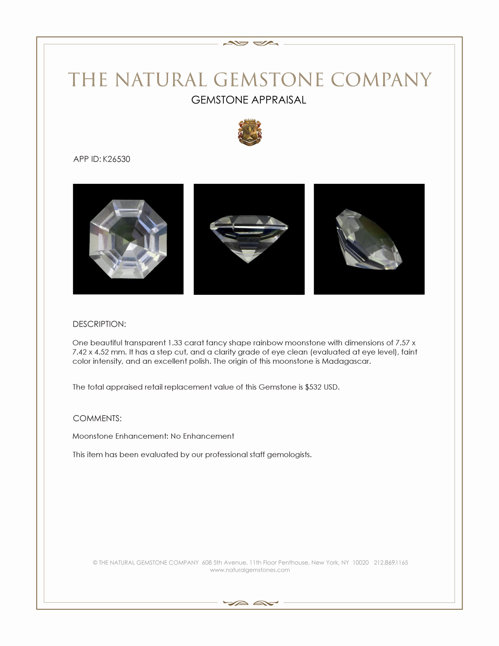 1.33 Ct. Rainbow Moonstone from Madagascar