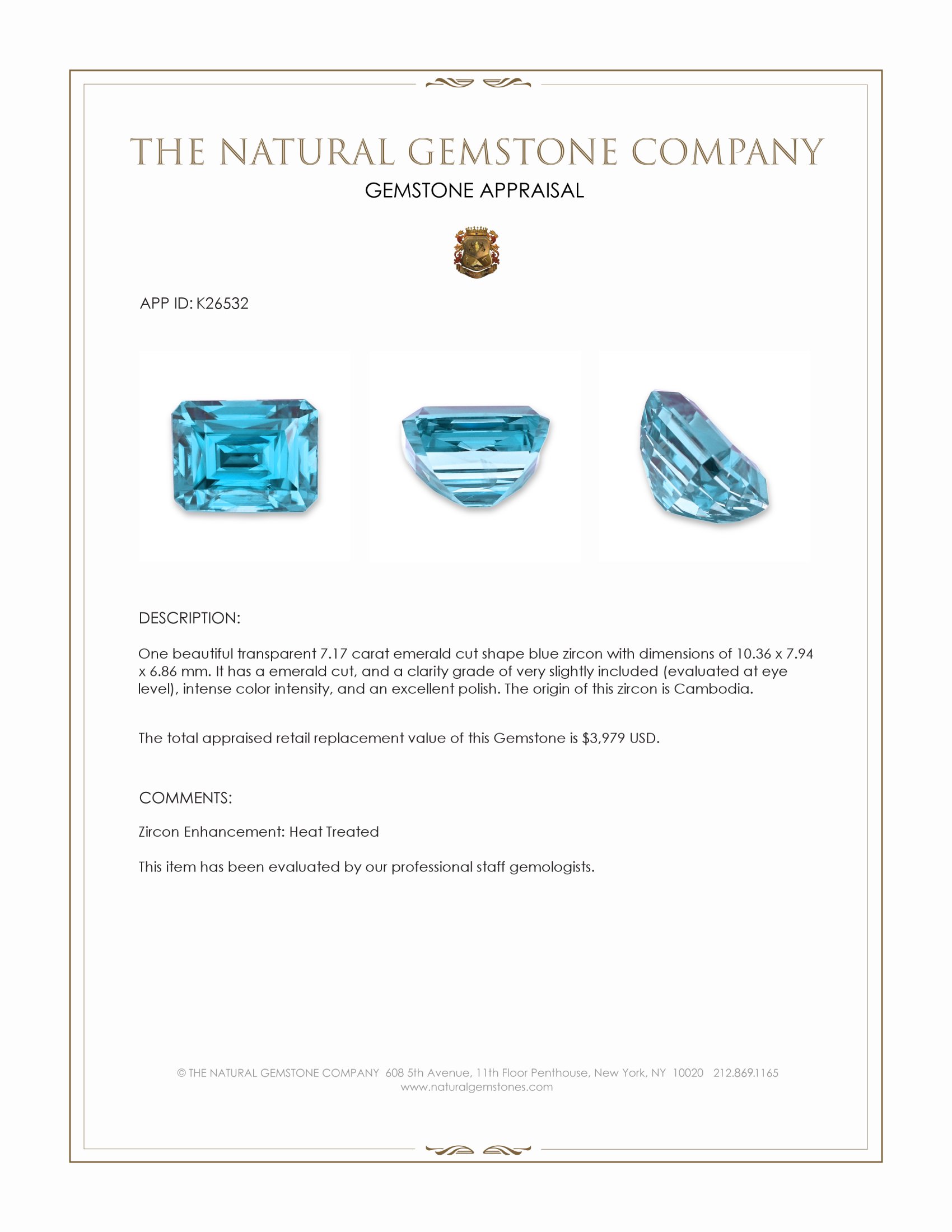 7.17 Ct. Blue Zircon from Cambodia