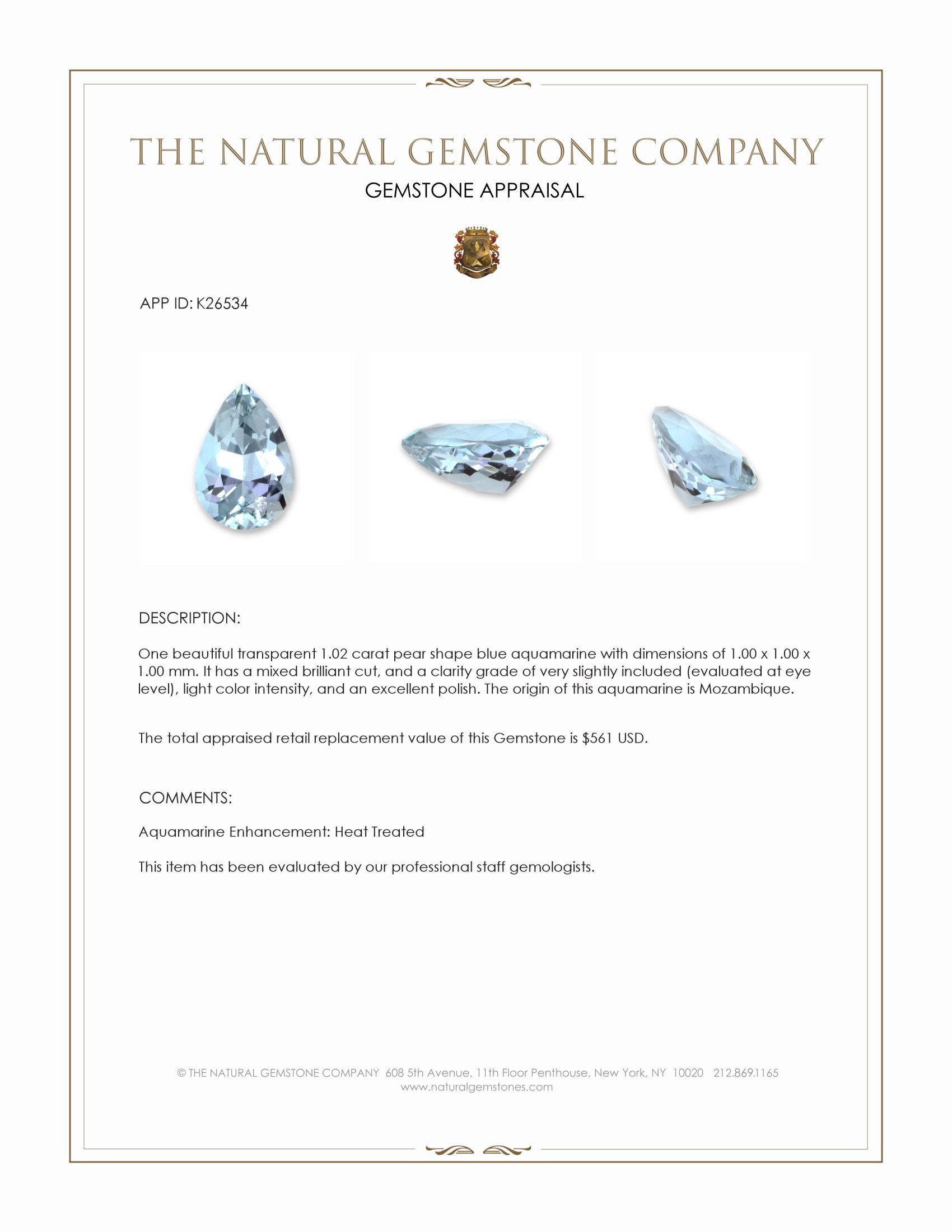 1.02 Ct. Blue Aquamarine from Mozambique