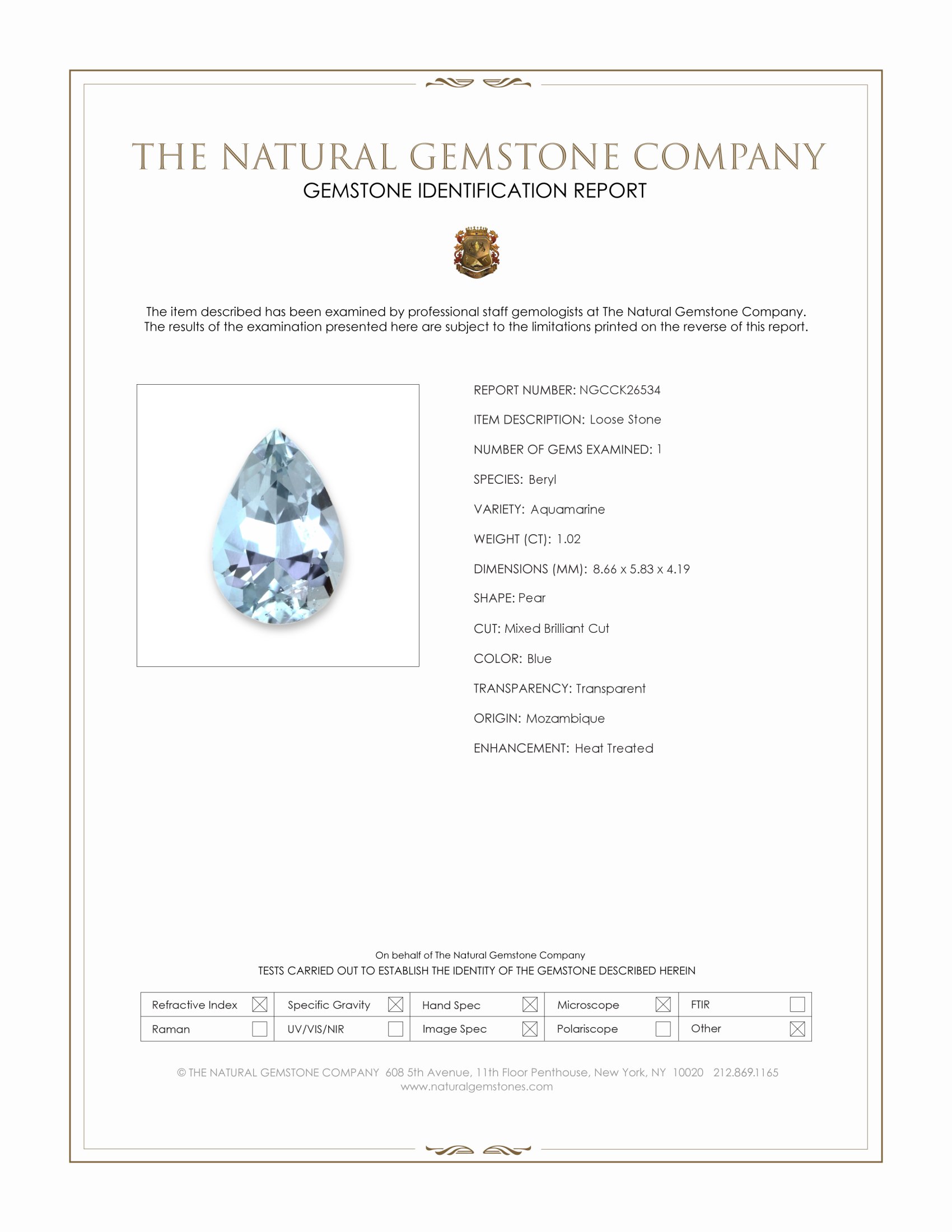 1.02 Ct. Blue Aquamarine from Mozambique