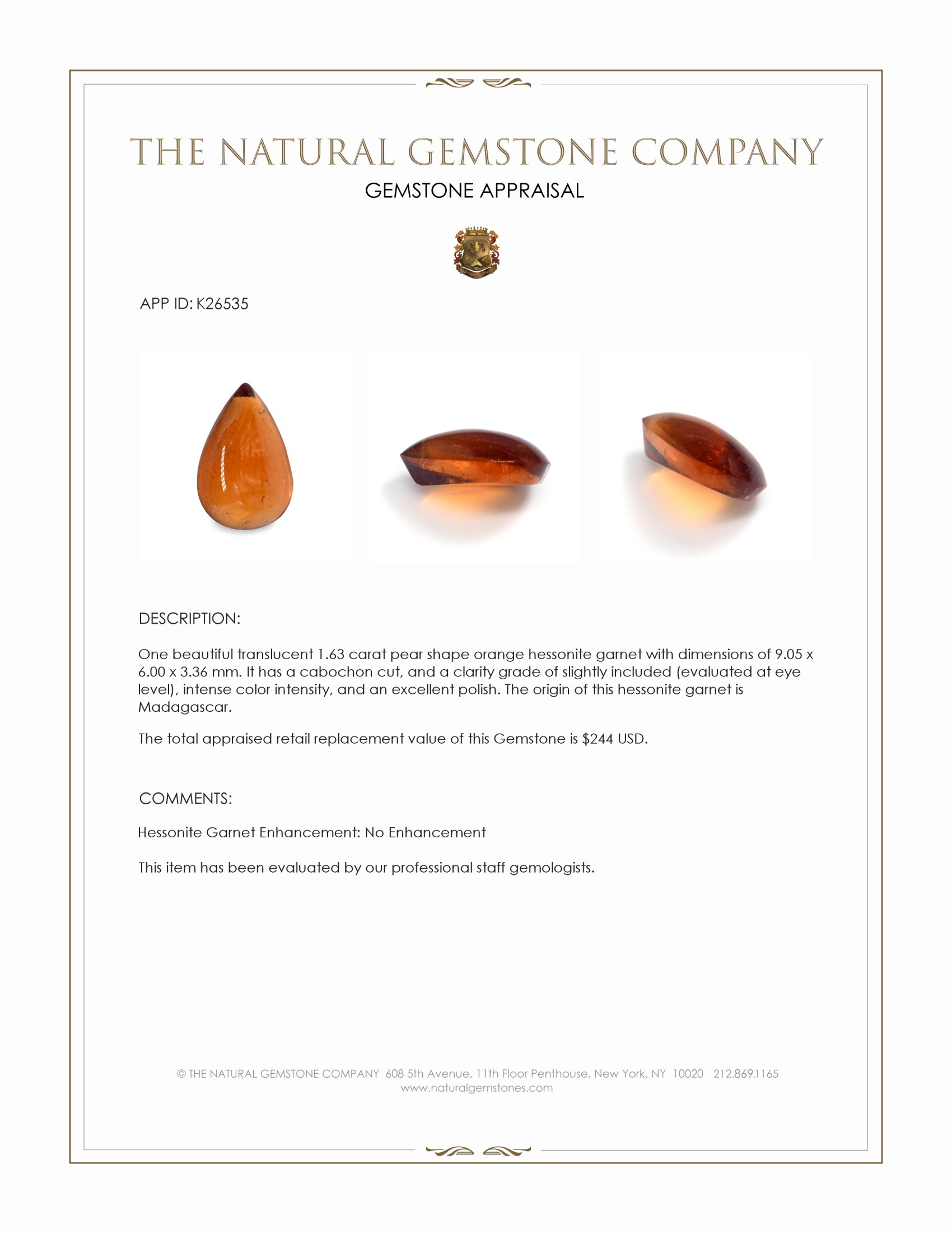 1.63 Ct. Orange Cabochon Hessonite Garnet from Madagascar