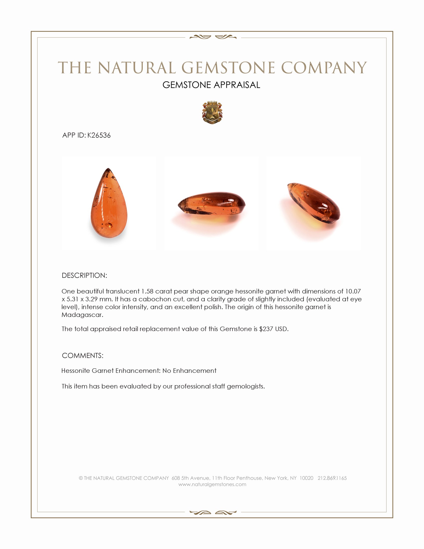 1.58 Ct. Orange Cabochon Hessonite Garnet from Madagascar
